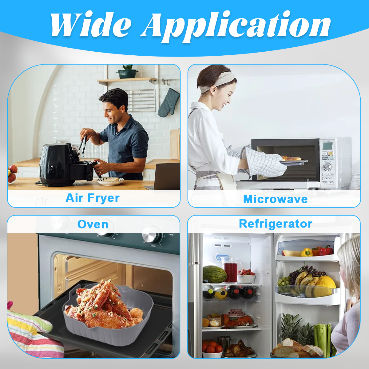 Das Bild zeigt vier Küchengeräteanwendungen: Airfryer, Mikrowelle, Ofen mit Hähnchen und Kühlschrank mit Lebensmitteln.