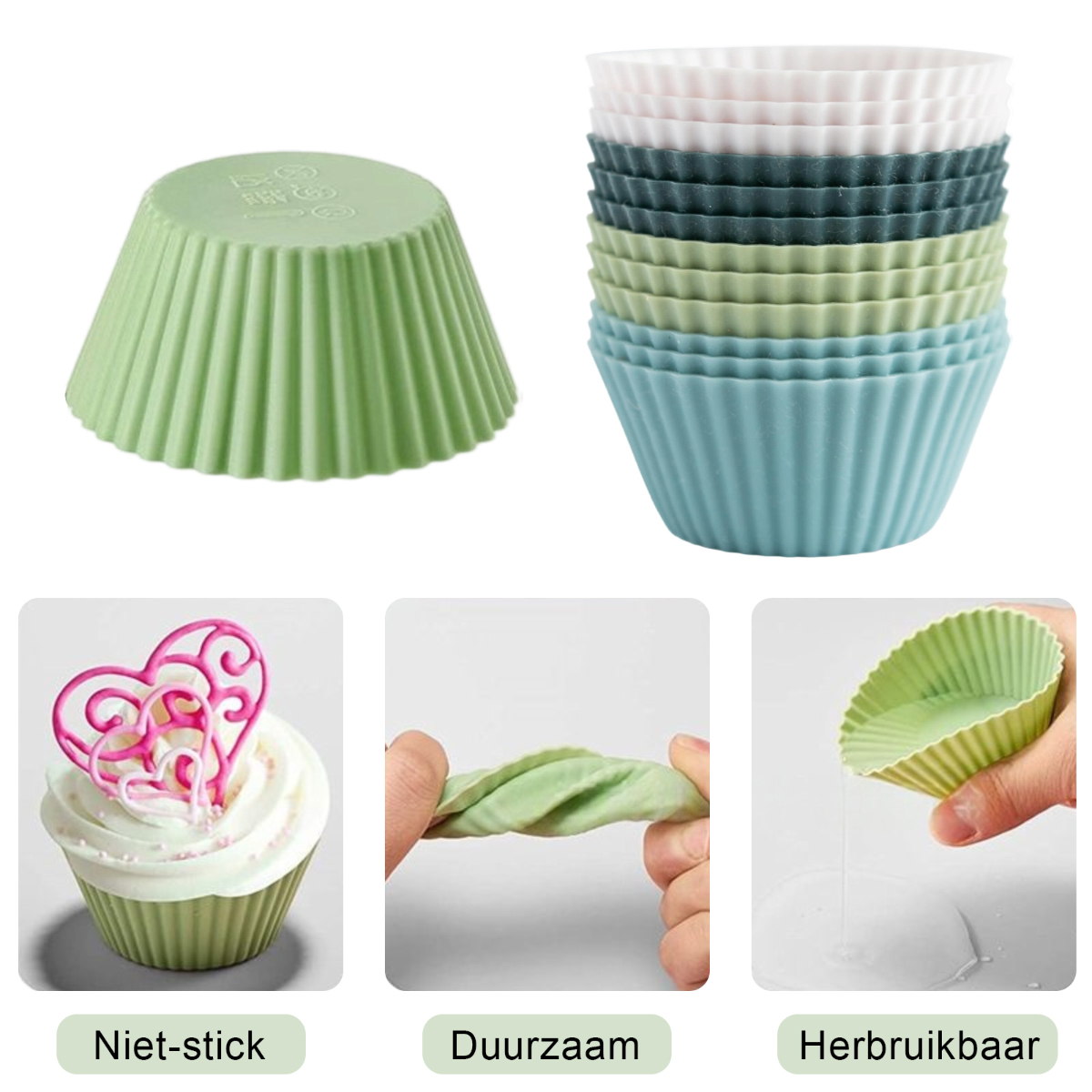Eine Vielzahl bunter Silikon-Cupcake-Formen und ein Cupcake. Weitere Bilder zeigen Haltbarkeit und Wiederverwendbarkeit.