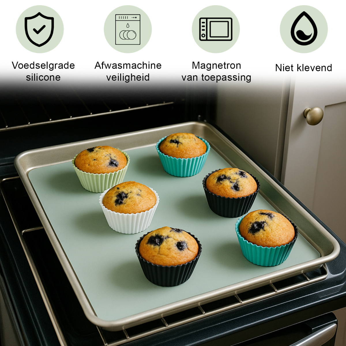 Sechs Muffins in bunten Silikonformen auf einem Backblech im Ofen. Die Muffins sind goldbraun mit Blaubeeren.