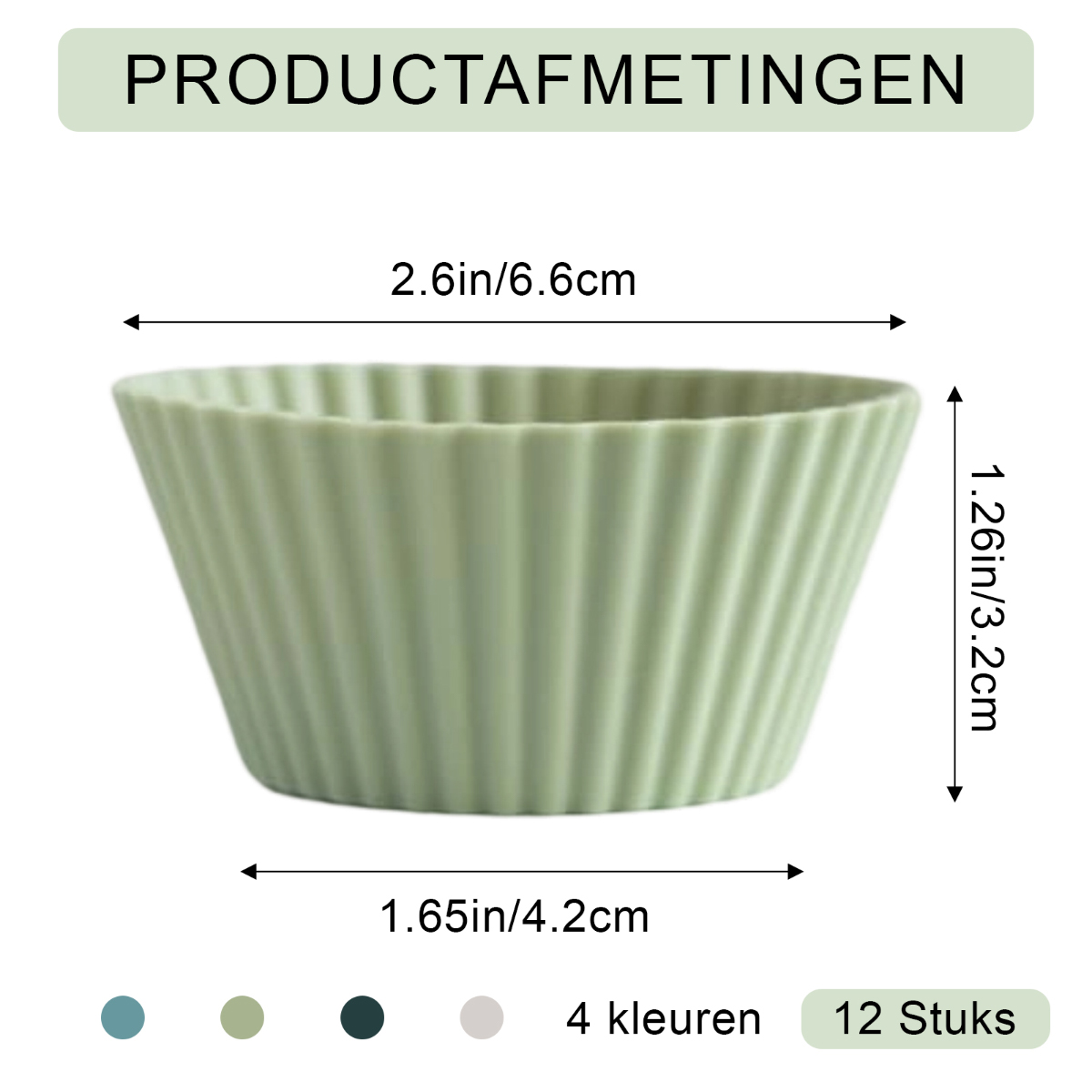 Eine hellgrüne, geriffelte Silikon-Cupcake-Form. Abmessungen in Zoll und Zentimetern. Text: 'PRODUCTAFMETINGEN' und '12 Stuks'.