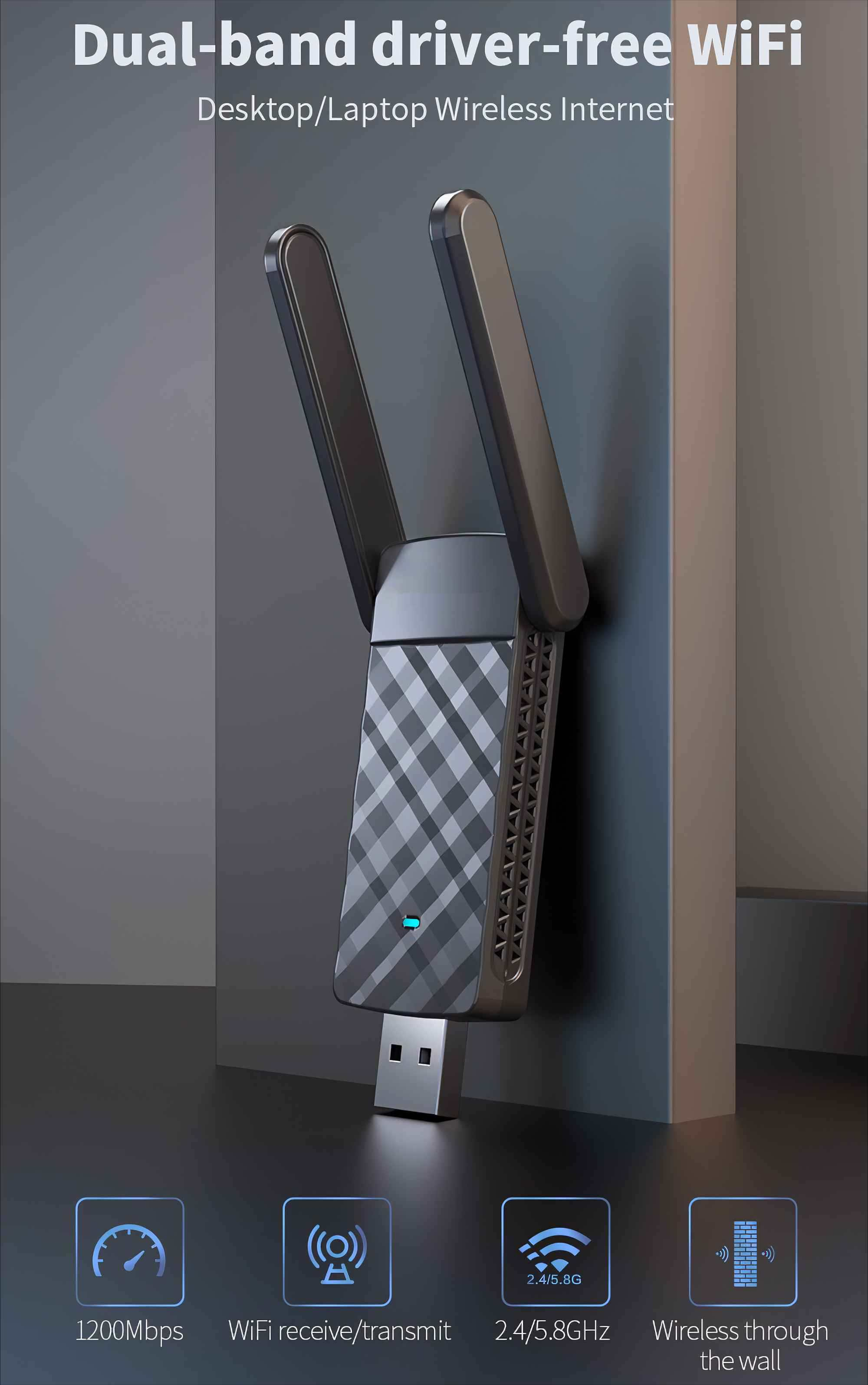Ein WLAN-Adapter mit Antennen, USB-Anschluss und Symbolen für Geschwindigkeit, WLAN und Frequenz.