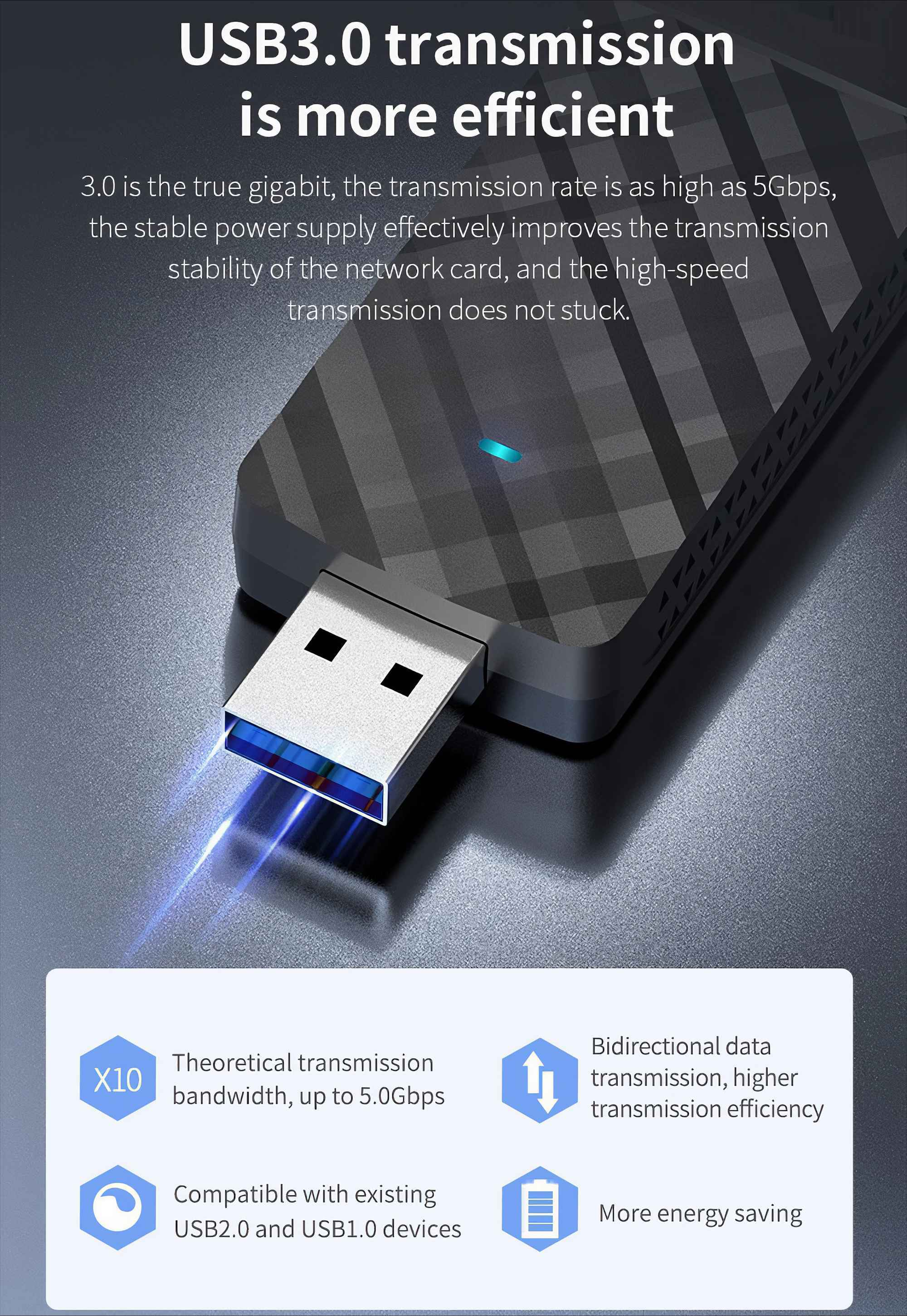 Ein USB-3.0-Adapter wird gezeigt. Text hebt seine Funktionen hervor: schneller Datentransfer, Energiesparen und Kompatibilität.