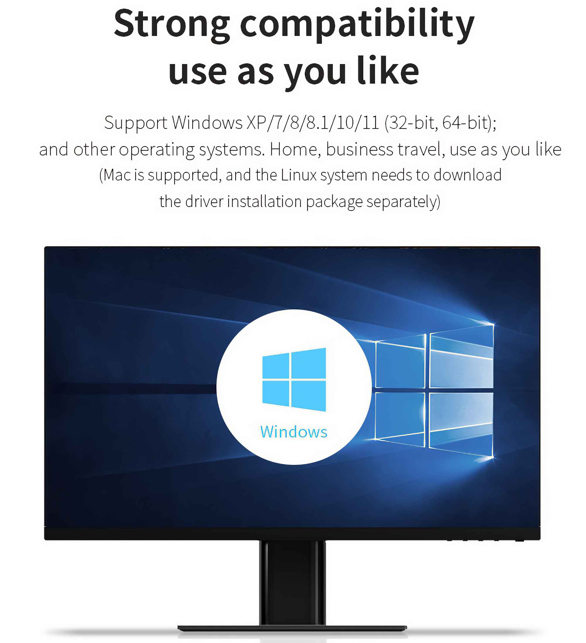 Ein Computermonitor zeigt ein Windows-Logo. Text hebt Systemkompatibilität und Nutzung hervor.