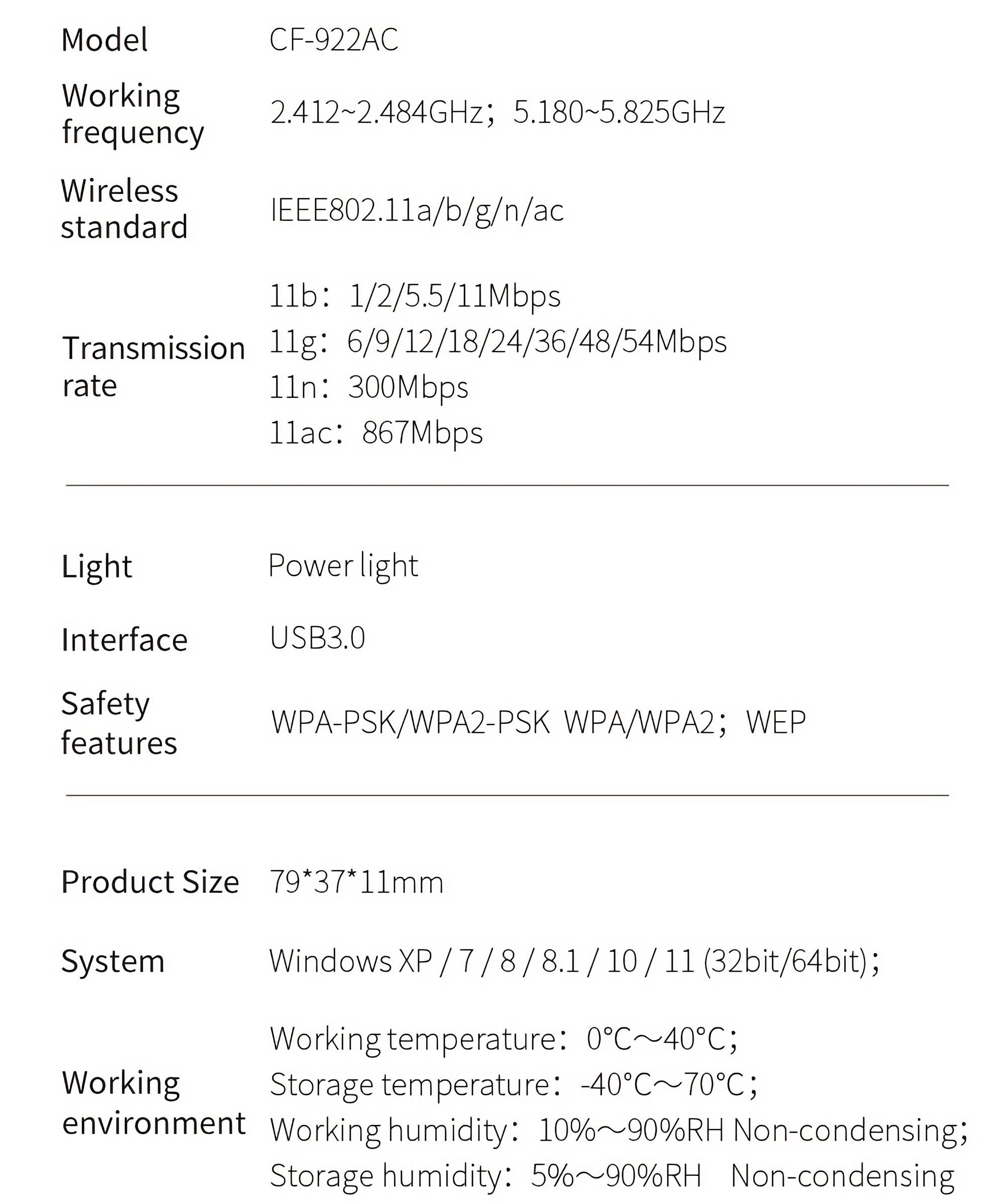 Text beschreibt ein CF-922AC-Modell mit WLAN-Standards, Übertragungsraten und Betriebsumgebungsangaben.