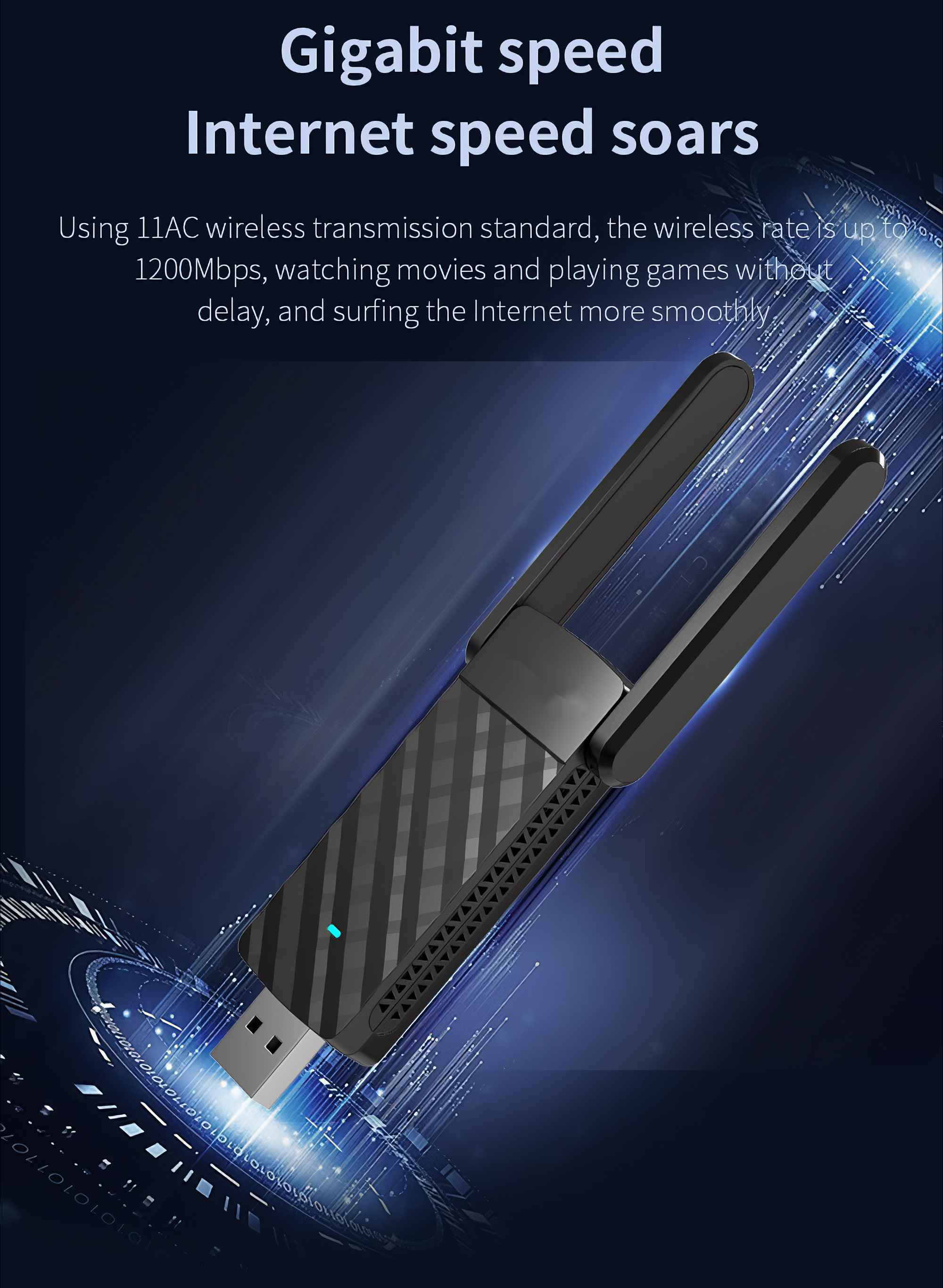 Schwarzer USB-WLAN-Adapter mit Antennen auf blauem Hintergrund mit Text über Internetgeschwindigkeit.