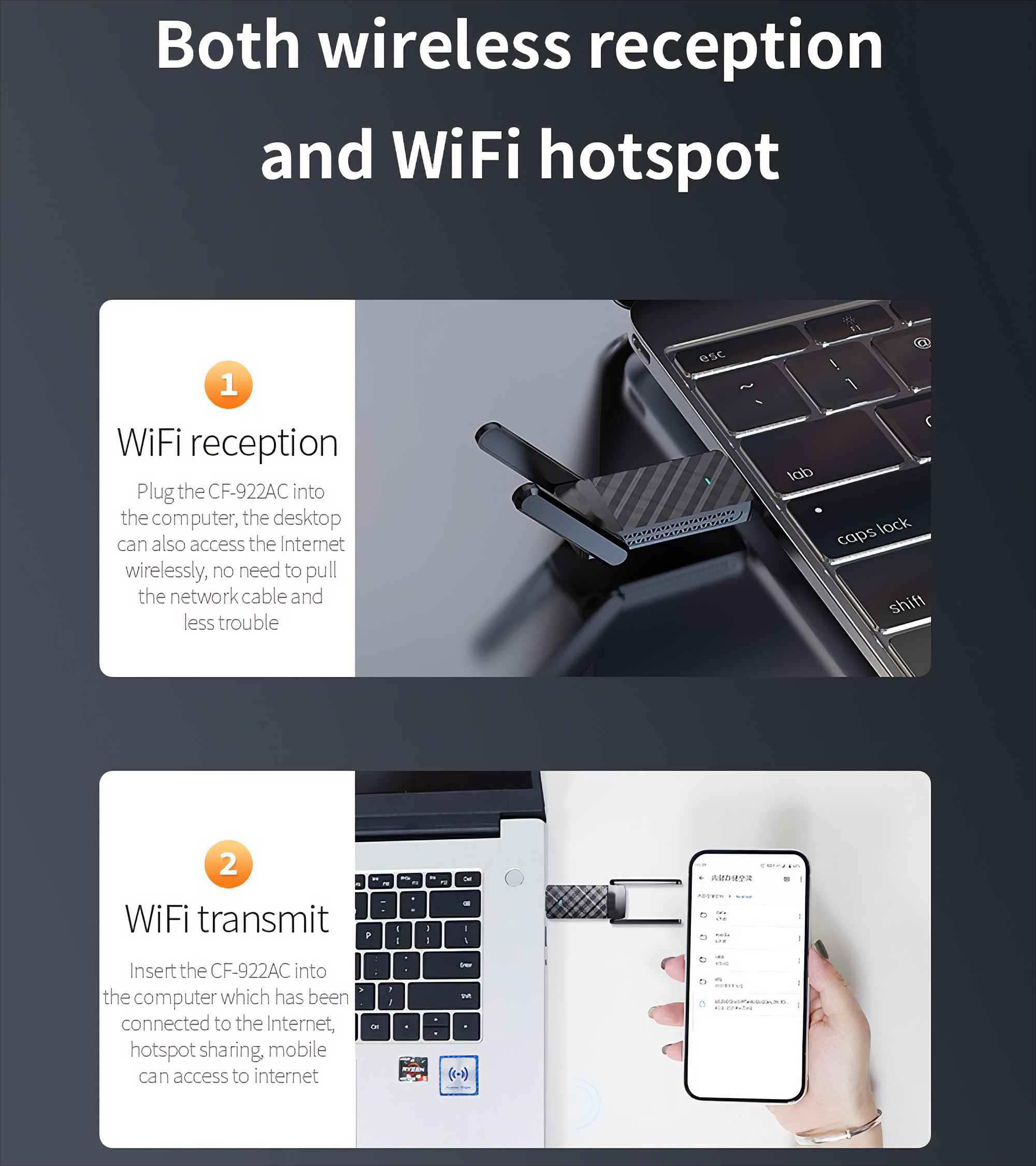 Das Bild zeigt einen Laptop mit WLAN-Adapter und ein Smartphone, das eine WLAN-Netzwerkliste anzeigt.
