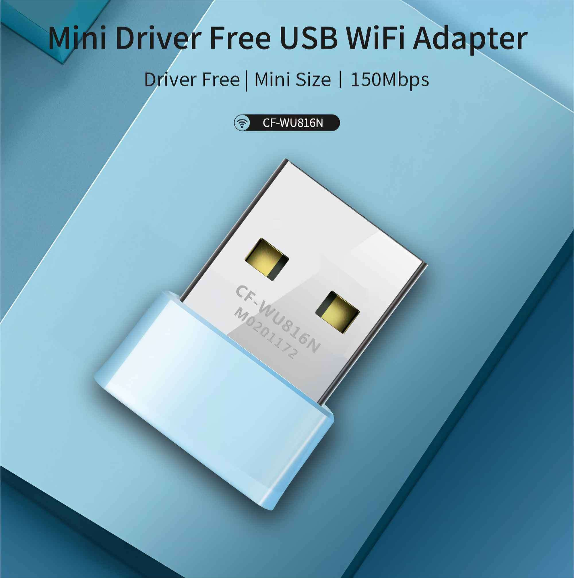 Ein USB-WLAN-Adapter auf blauem Hintergrund. Text lautet: Mini Driver Free USB WiFi Adapter, Driver Free.
