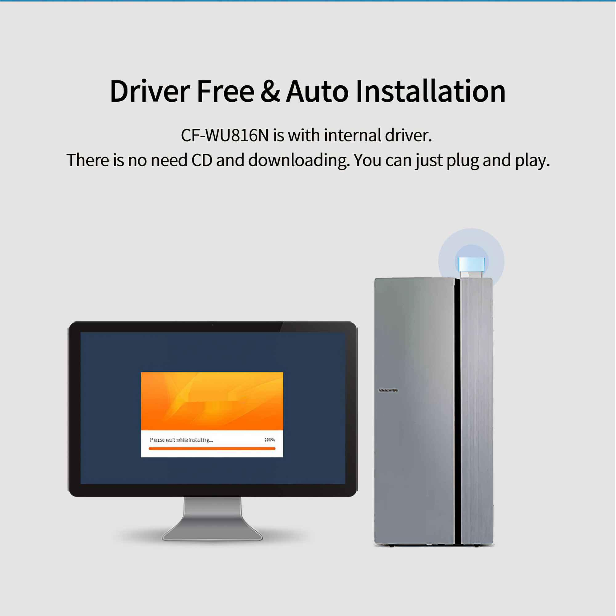 Ein Computerbildschirm zeigt den Installationsfortschritt. Rechts ist ein silbernes Gerät. Text: 'Driver Free & Auto Installation'.