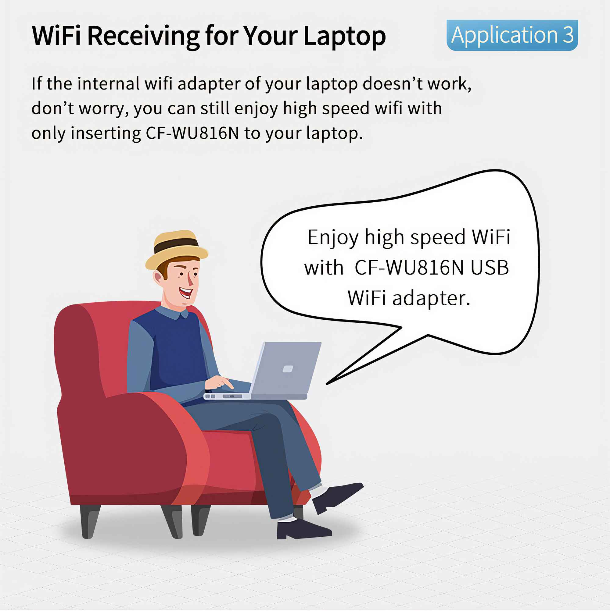 Ein Mann sitzt mit einem Laptop auf einem roten Stuhl. Eine Sprechblase sagt: 'Genießen Sie Highspeed-WLAN mit CF-WU816N USB WiFi-Adapter.'