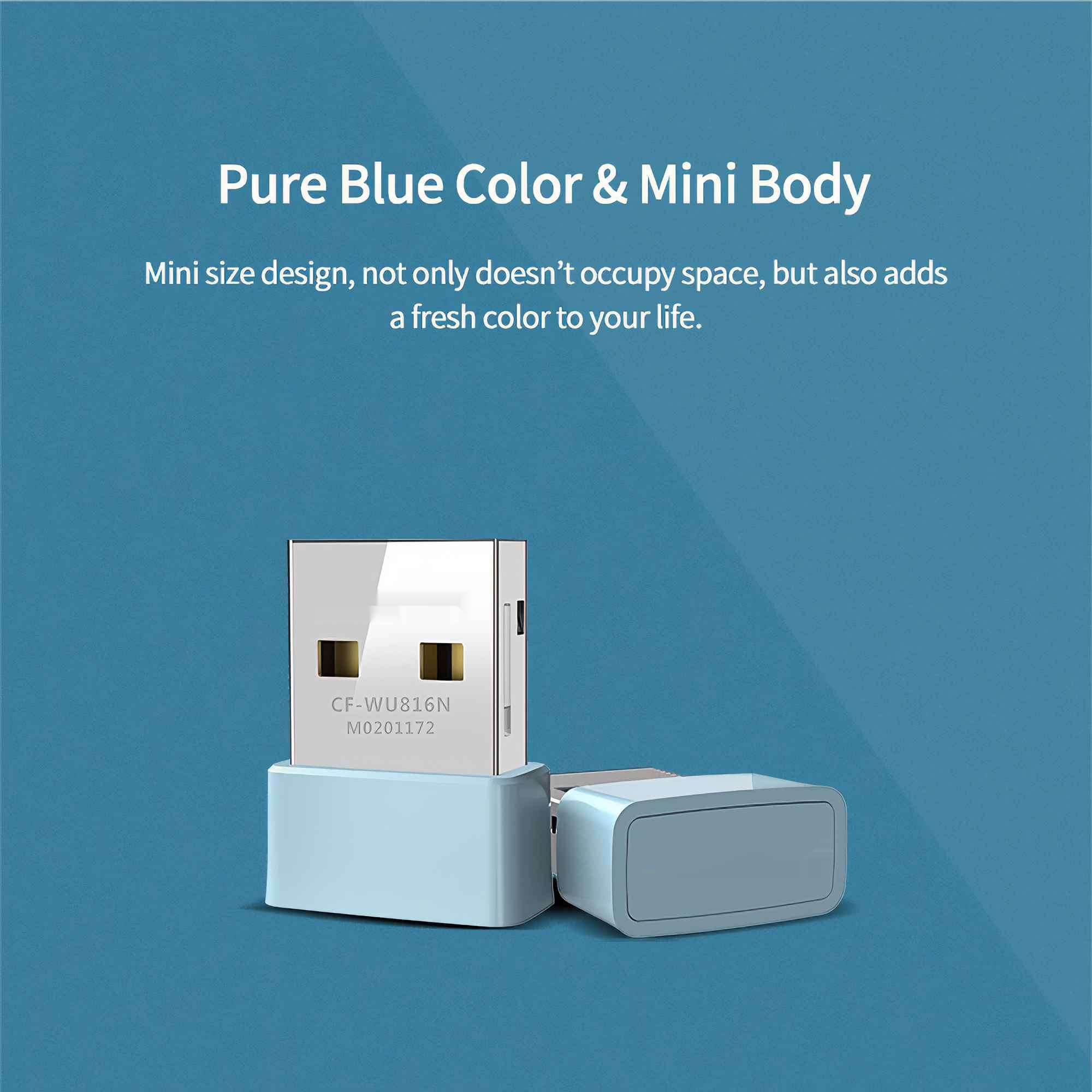 Ein blauer USB-WLAN-Adapter mit Text und einem hellblauen Sockel auf blauem Hintergrund. Text sagt Pure Blue Color & Mini Body.