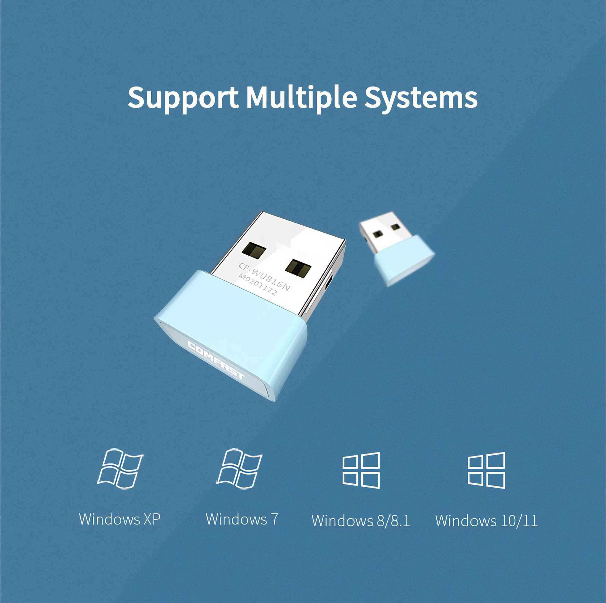 Ein blauer USB-Dongle mit 'COMFAST' und Windows-XP-, 7-, 8/8.1- und 10/11-Symbolen auf blauem Hintergrund.