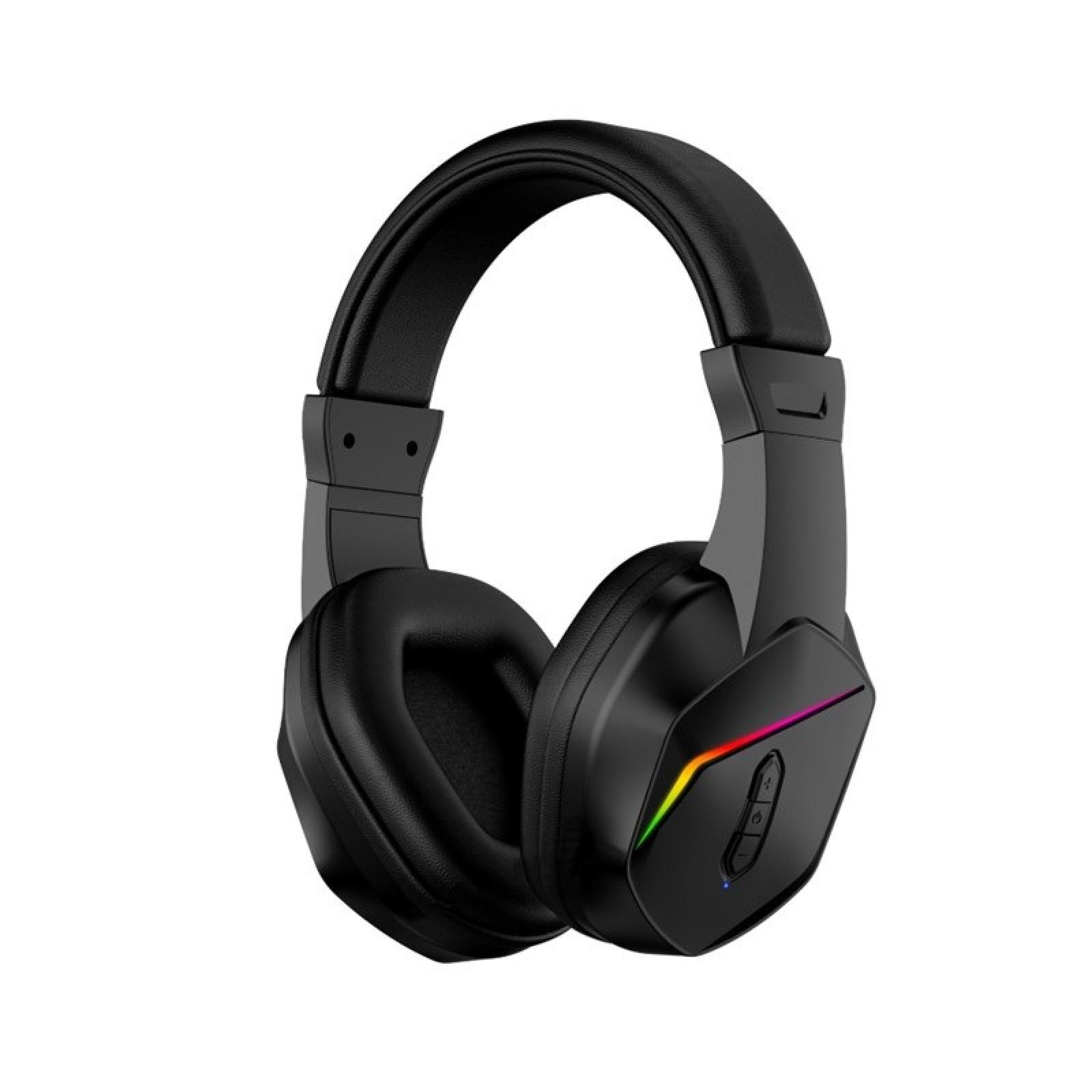 Schwarze Kopfhörer mit Ohrmuscheln, Kopfband. RGB-Licht an der rechten Ohrmuschel, mit Steuertasten. Auf weißem Hintergrund isoliert.