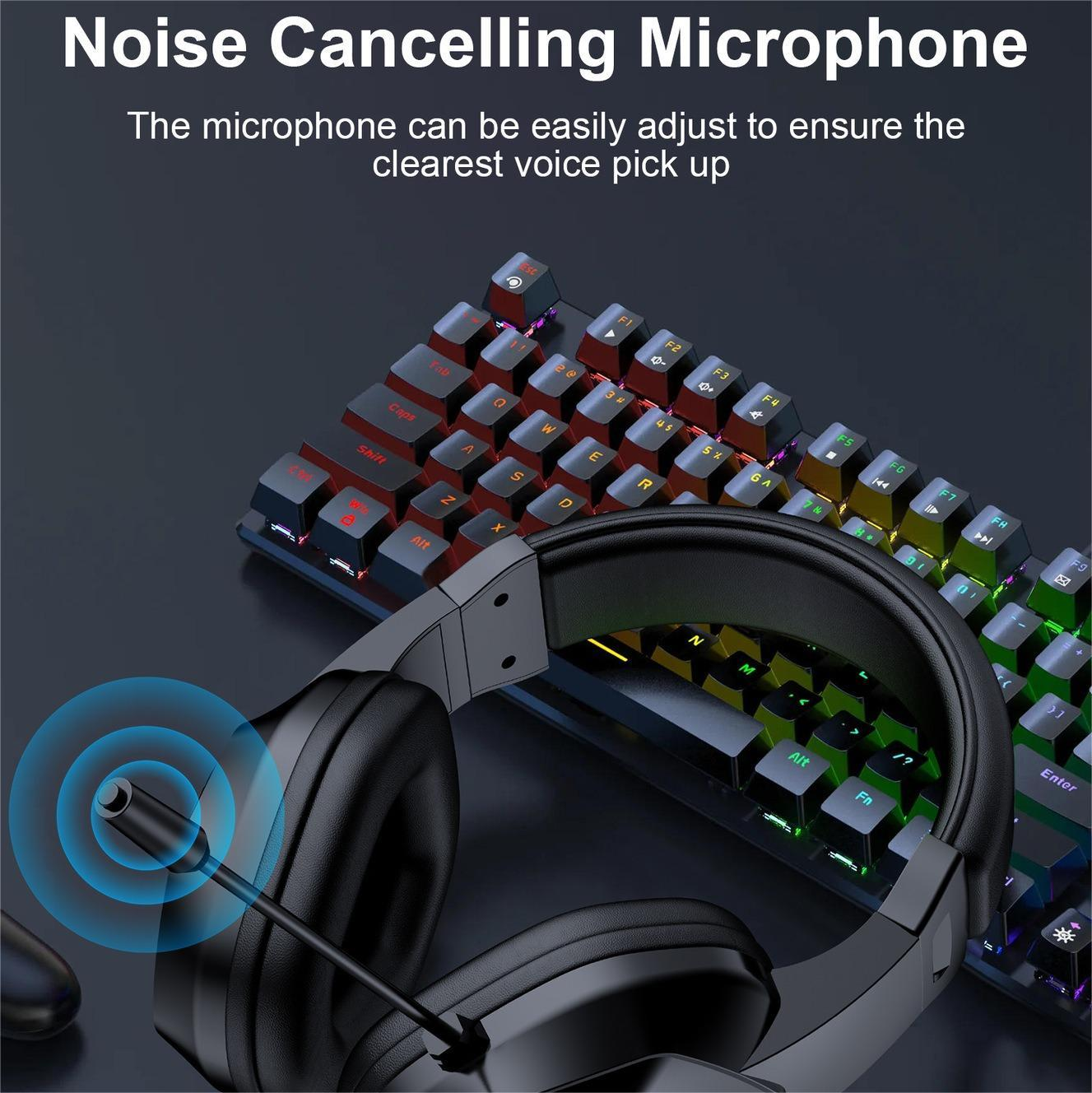 Schwarzes Headset-Mikrofon auf einer Tastatur. Die Tastatur hat bunte Tasten, und das Mikrofon wird durch einen blauen Kreis hervorgehoben.