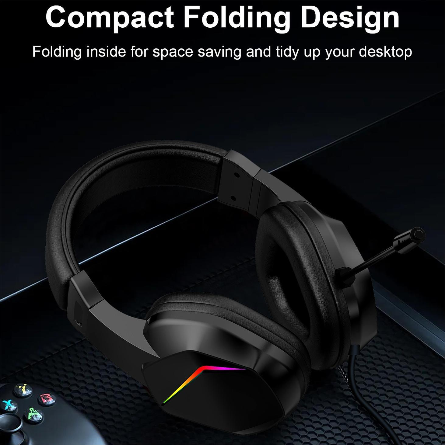Schwarzes Gaming-Headset mit Mikrofon. Das Headset liegt auf einer dunklen Oberfläche. Das Design umfasst bunte Lichter.