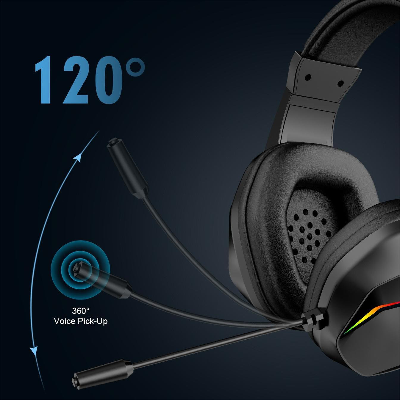 Schwarzes Gaming-Headset mit 120-Grad- und 360-Grad-Sprachaufnahme. Der Hintergrund ist ein dunkelblauer Farbverlauf.