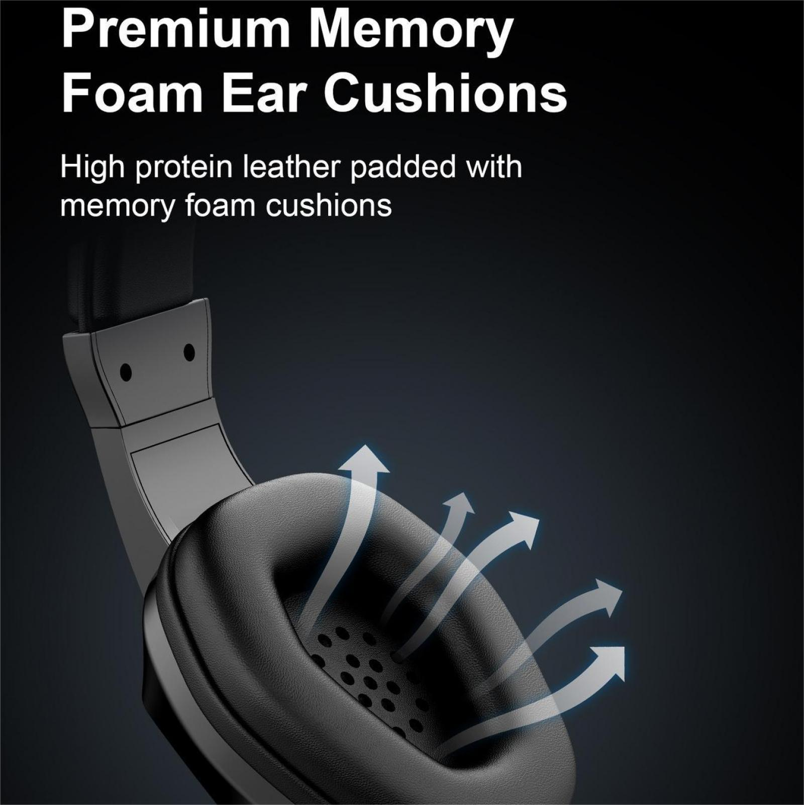 Kopfhörer mit schwarzen Ohrpolstern. Text: Premium Memory Foam Ear Cushions, hochwertiges Proteinleder mit Memory-Schaum.