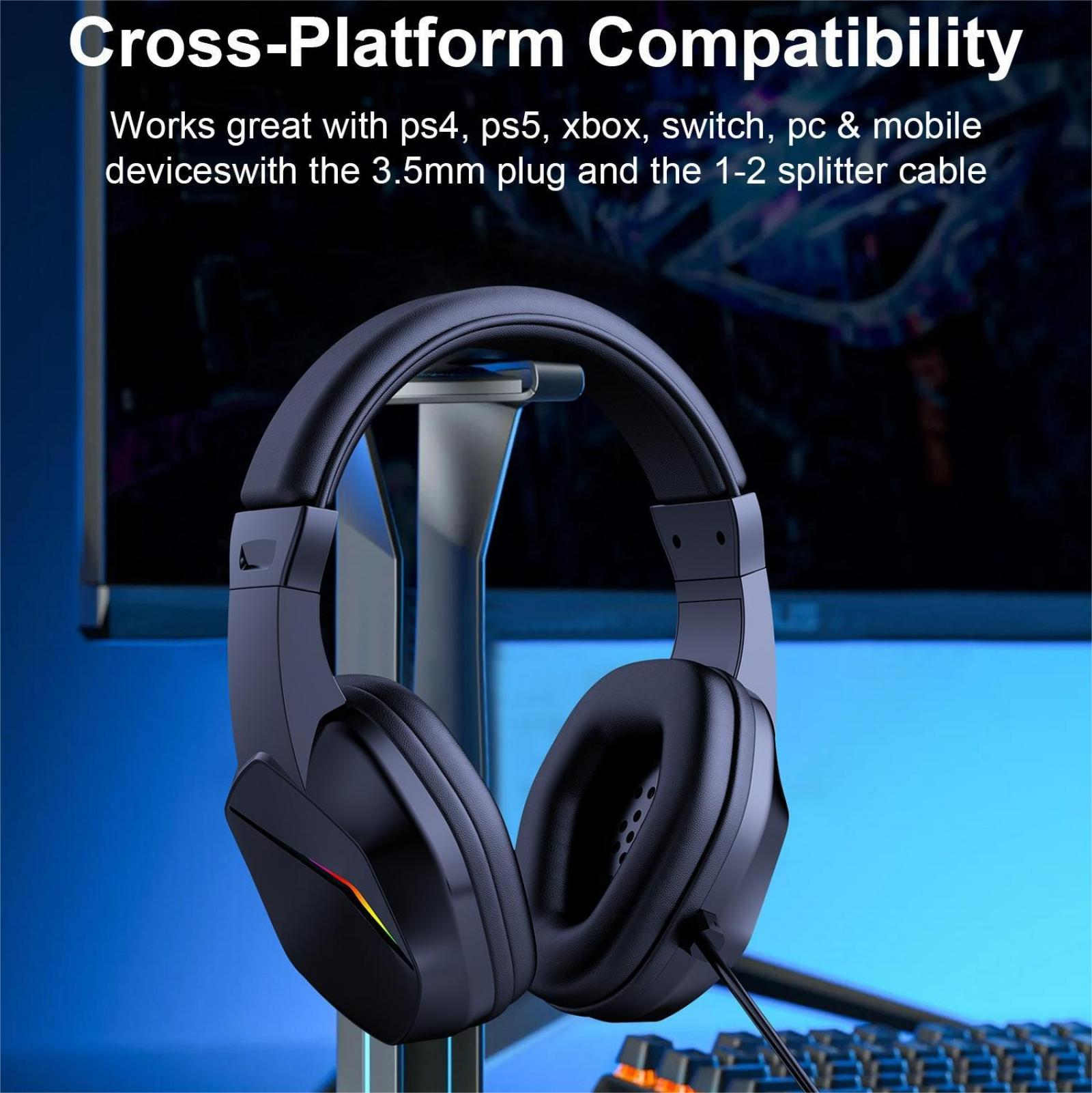 Schwarze Kopfhörer auf einem Ständer. Text: Cross-Platform-Kompatibilität. Kompatibel mit PS4, PS5, Xbox, Switch, PC und Handy.