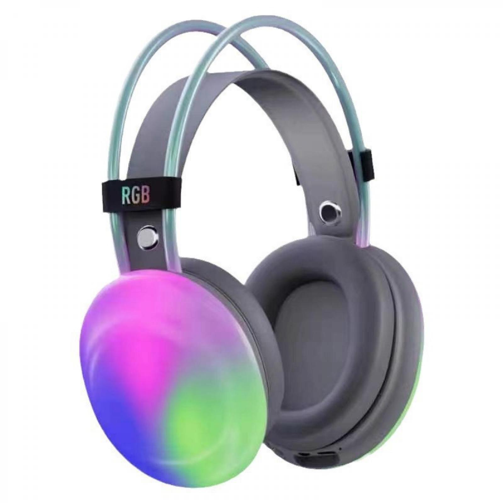 Graue Kopfhörer mit RGB-Beleuchtung an den Ohrmuscheln. Das Kopfband hat RGB-Text.