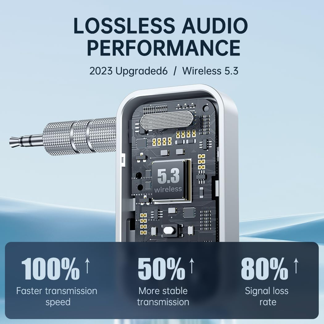 Das Bild zeigt ein Audiogerät mit prozentualen Verbesserungen bei der Übertragungsgeschwindigkeit, Stabilität und Signalverlustrate. Text: Lossless Audio Performance.