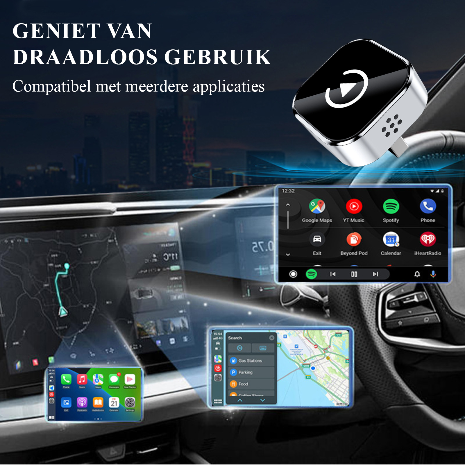 Das Bild zeigt Auto-Bildschirme mit Apps wie Google Maps und Spotify sowie ein drahtloses Gerät. Text: 'Genießen Sie die kabellose Nutzung'.