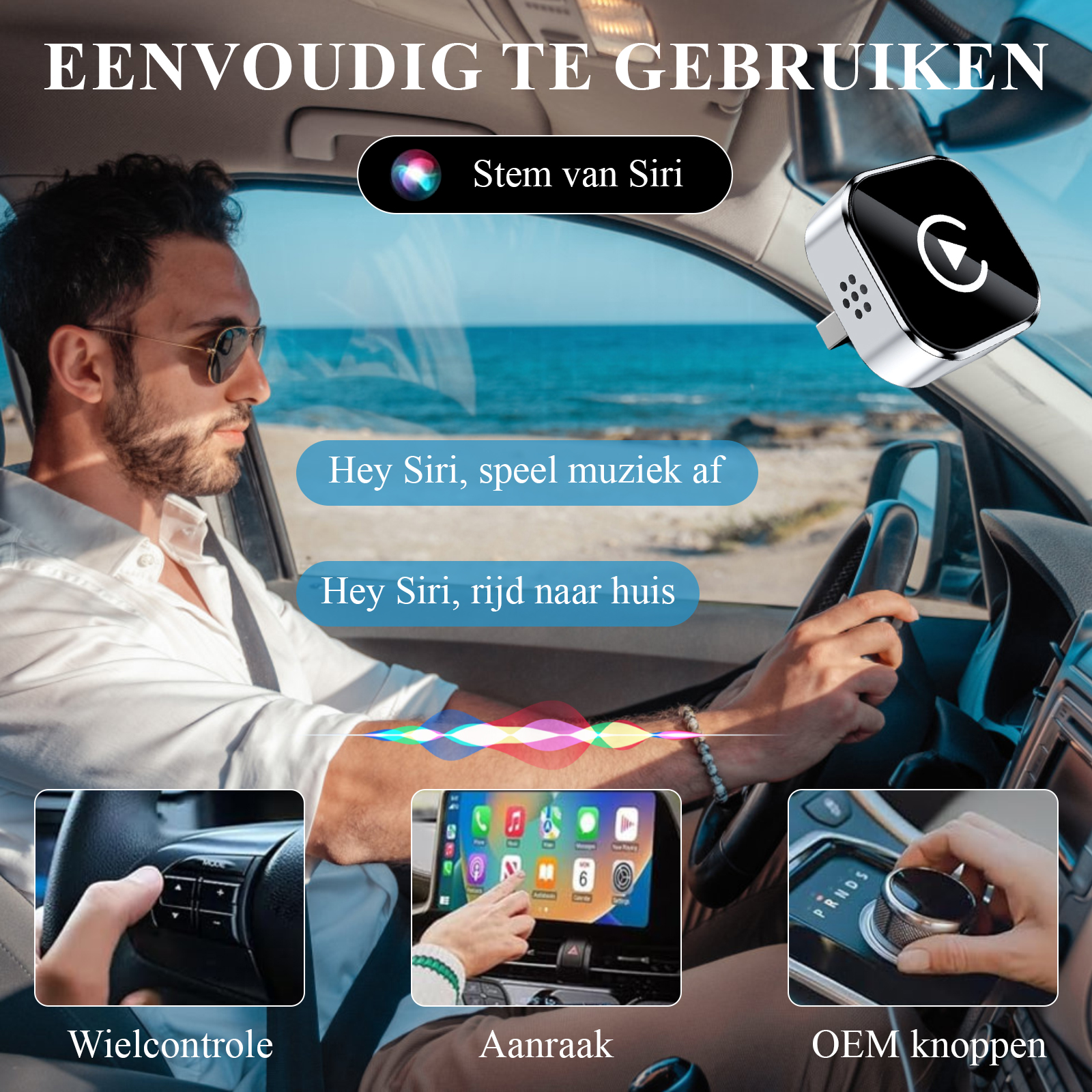Ein Mann im Auto benutzt Siri. Anzeige mit Fahrzeugbedienelementen. Text auf dem Bildschirm: 'Hey Siri, spiele Musik' und 'Hey Siri, fahre nach Hause'.