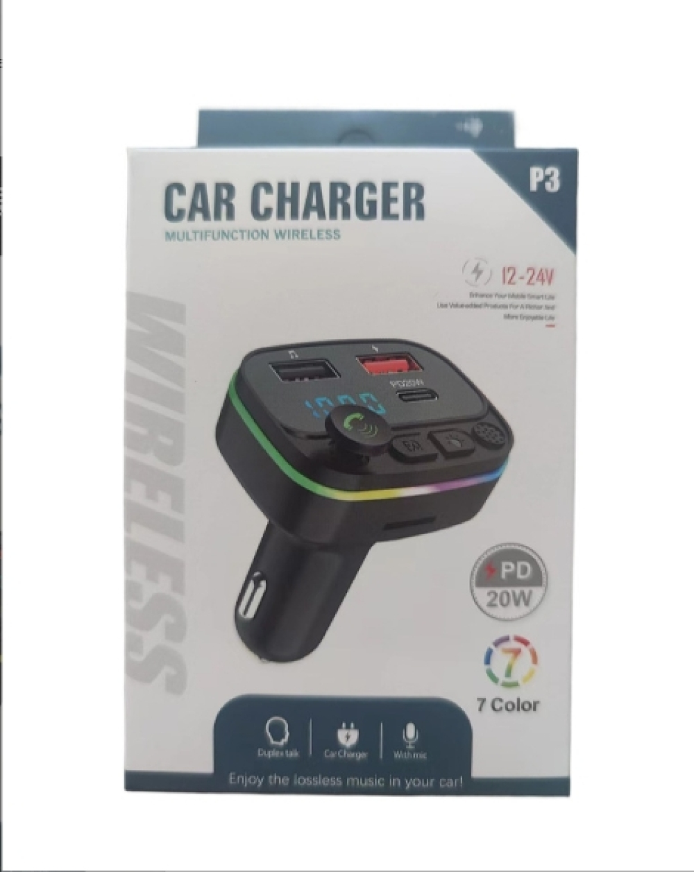 Eine Auto-Ladegerät-Box mit einem schwarzen Ladegerät. Text sagt 'CAR CHARGER' und '7 Color'. Das Ladegerät hat USB-Anschlüsse.