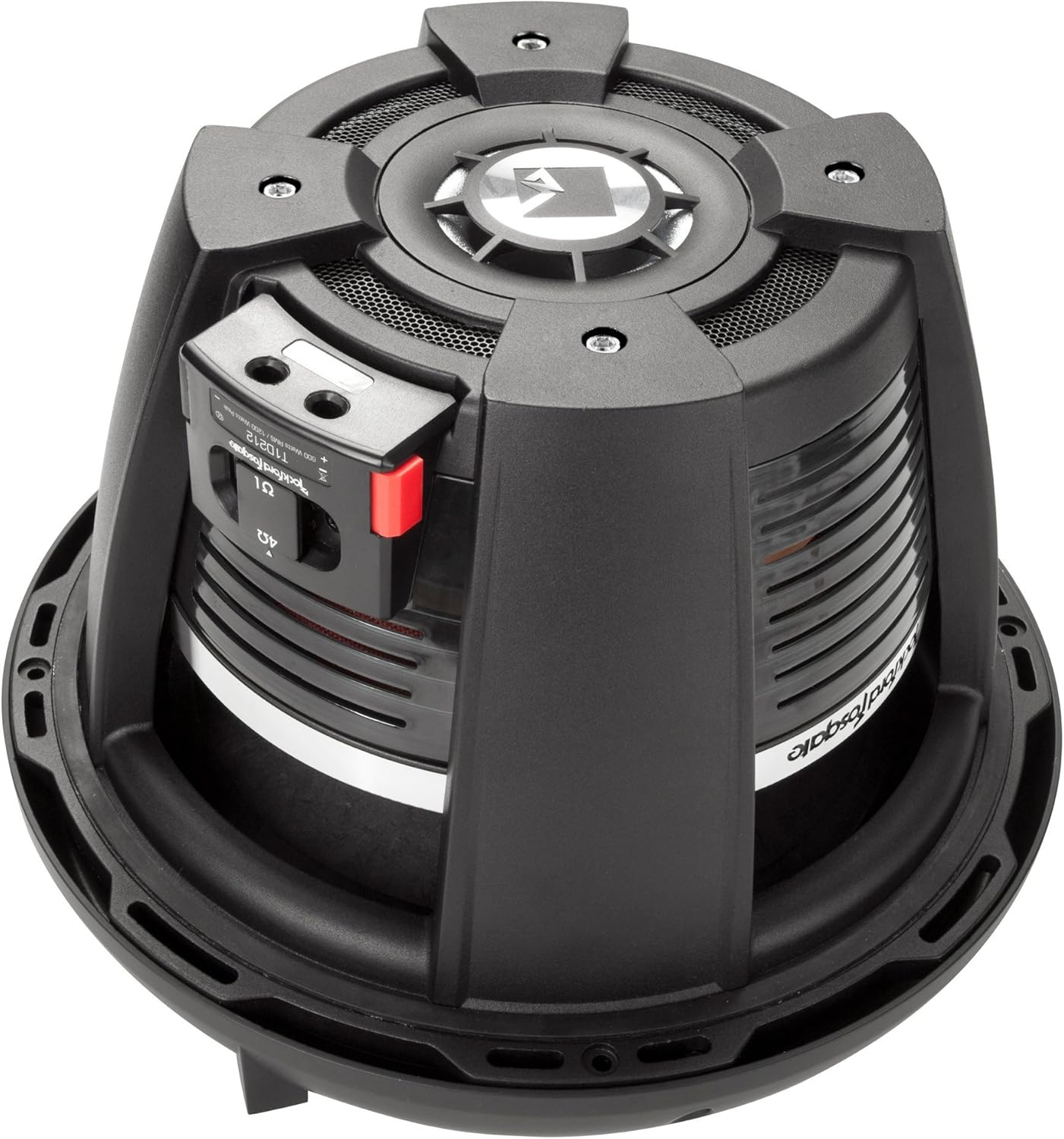 Ein schwarzer Subwoofer mit silbernem Logo, rotem Schalter und Mesh-Oberseite. Der Lautsprecher hat ein kreisförmiges Design und gerippte Seiten.