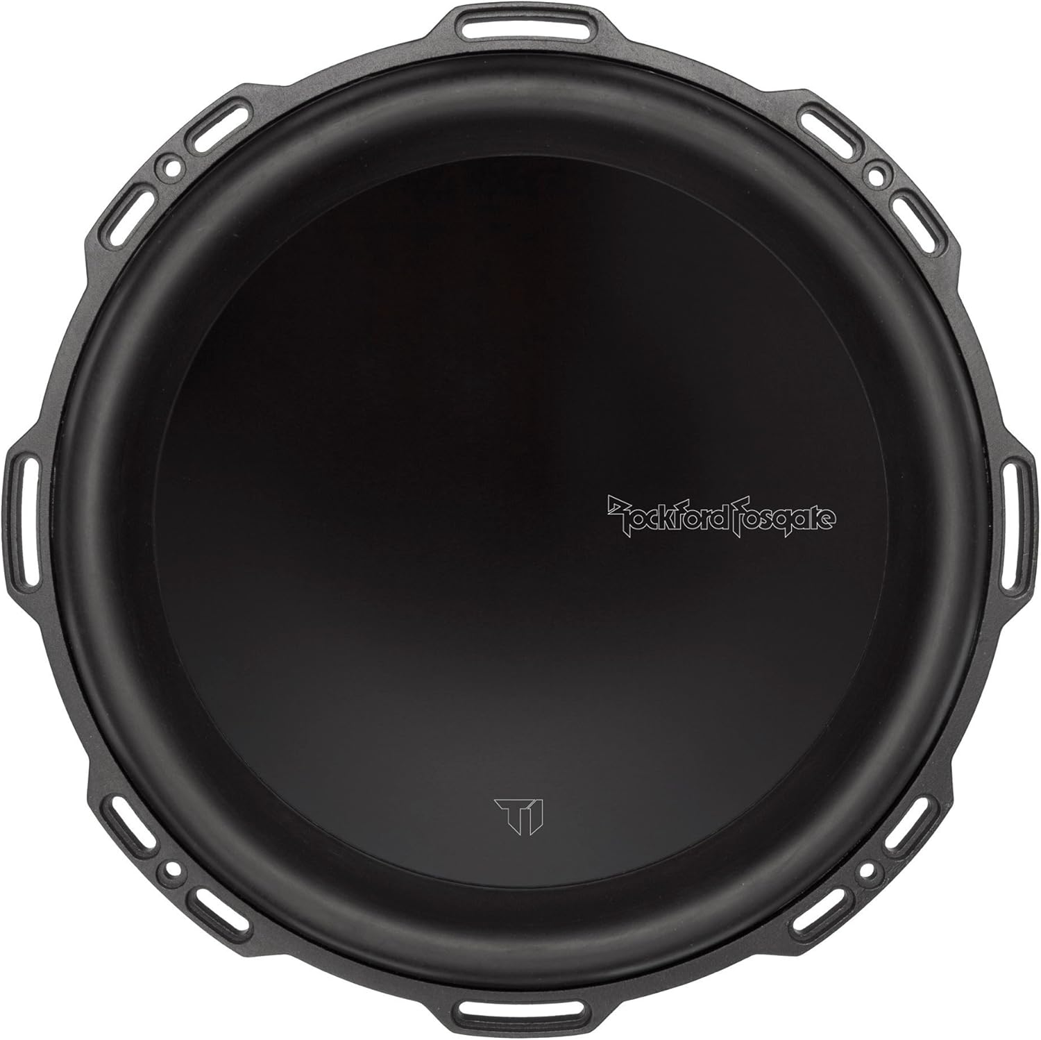 Ein schwarzer Subwoofer mit kreisförmigem Lautsprecher und Metallrahmen. Das Rockford Fosgate-Logo und ein stilisiertes 'T' sind sichtbar.