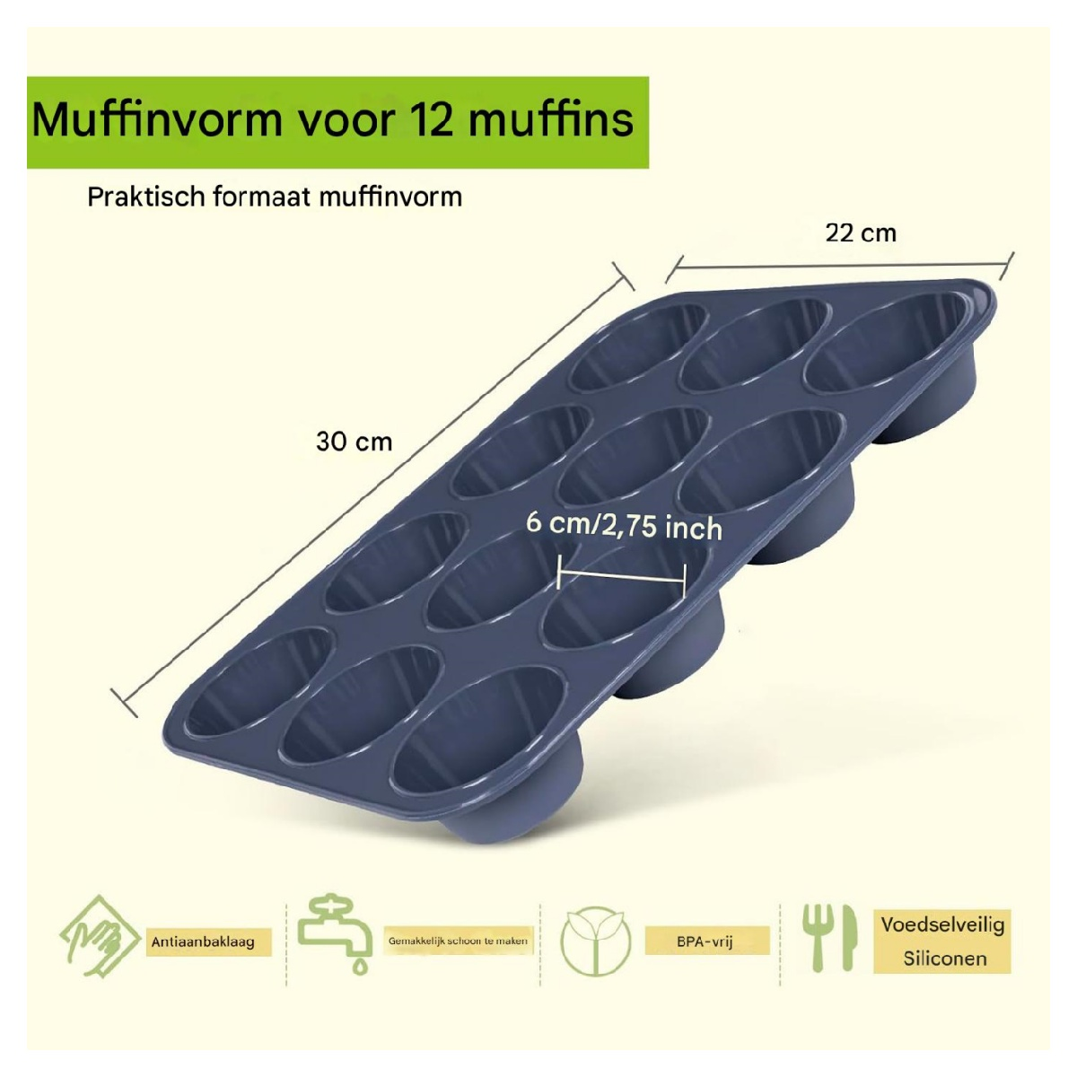 Eine dunkelblaue Muffinform für 12 Muffins. Abmessungen sind angegeben: 30 cm, 22 cm und 6 cm/2,75 Zoll. Merkmale sind Antihaftbeschichtung und BPA-frei.