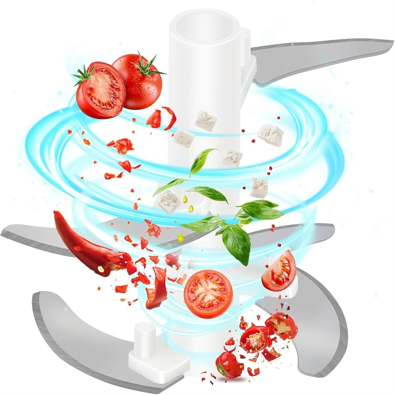Lebensmittelverarbeiter mit Tomaten, Käse, Basilikum und Chilischoten. Blauer Wirbeleffekt. Geschnittenes Gemüse in der Luft.