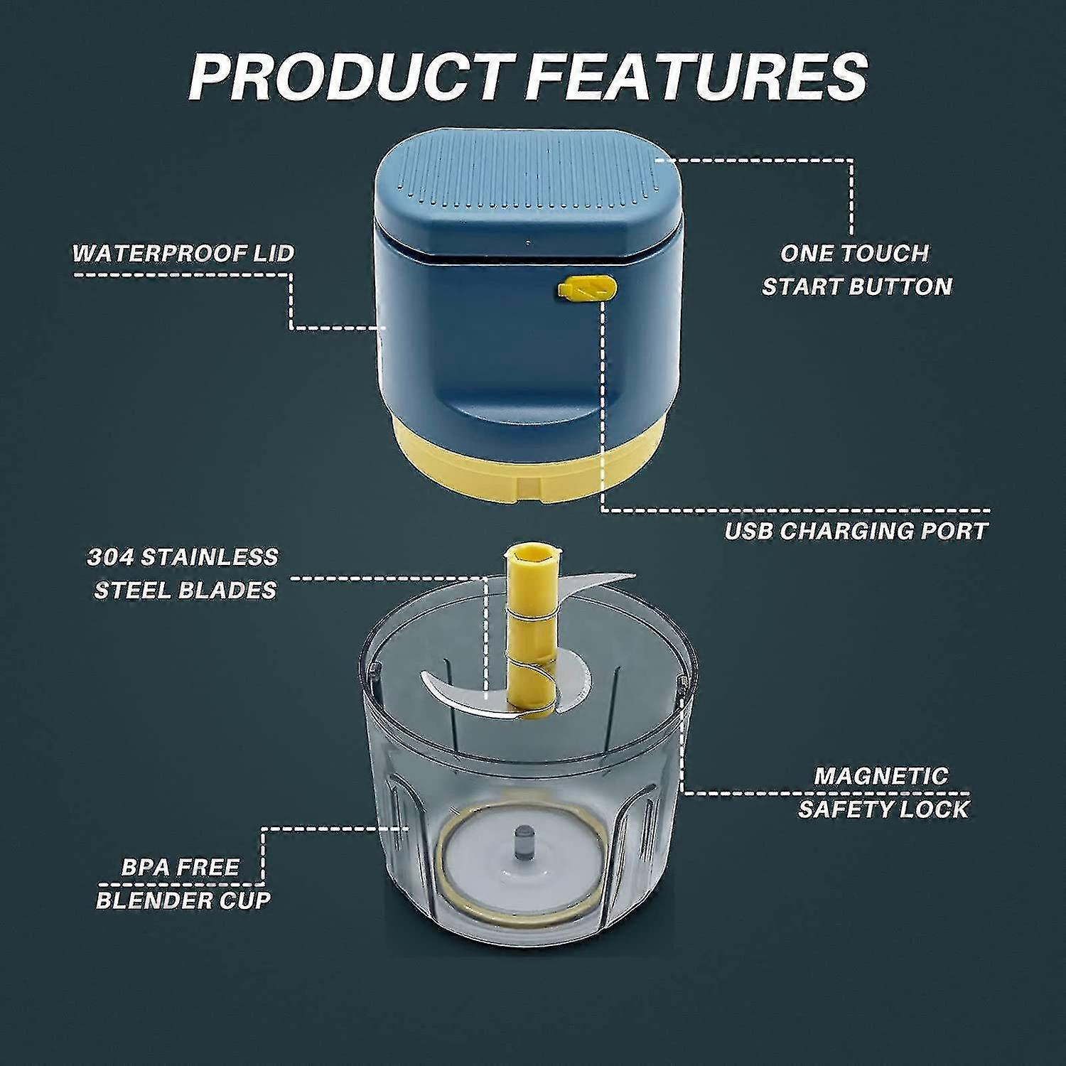Das Bild zeigt einen blau-gelben Foodprocessor mit beschrifteten Merkmalen: wasserdichter Deckel, Startknopf, USB-Anschluss und Edelstahlklingen.