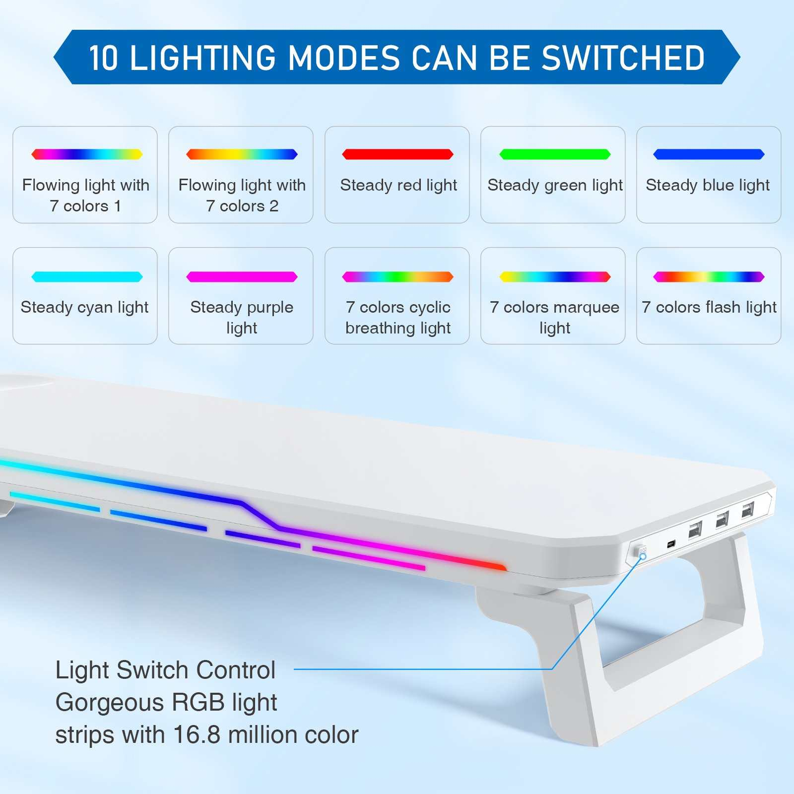 Ein weißes Gerät mit verschiedenen RGB-Lichtmodi, darunter fließende, konstante und blinkende Lichter. Text: 10 Beleuchtungsmodi können umgeschaltet werden.