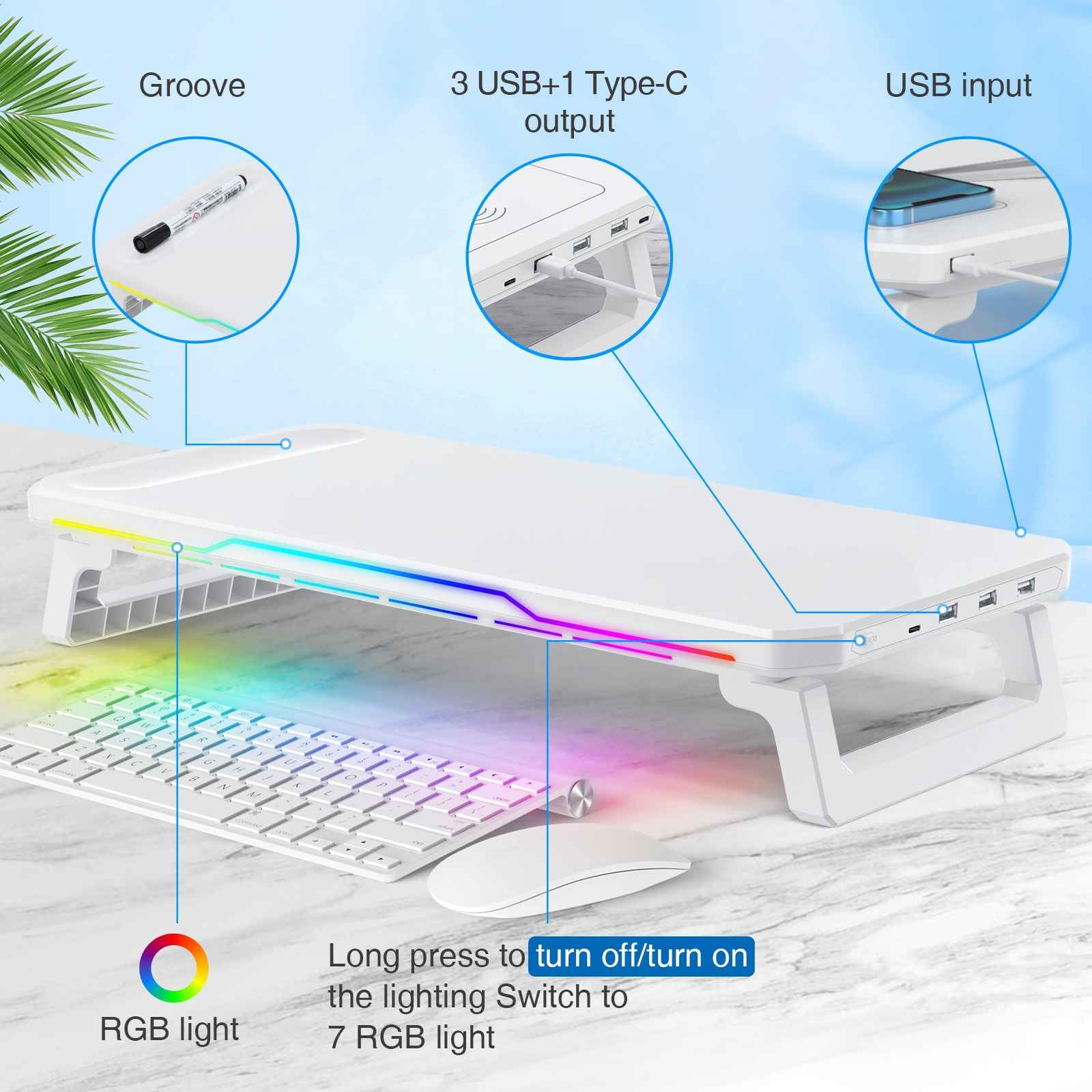 Ein weißer Schreibtischständer mit USB-Anschlüssen, Tastatur und Maus. Es hat RGB-Lichter und eine Nut für Gegenstände.