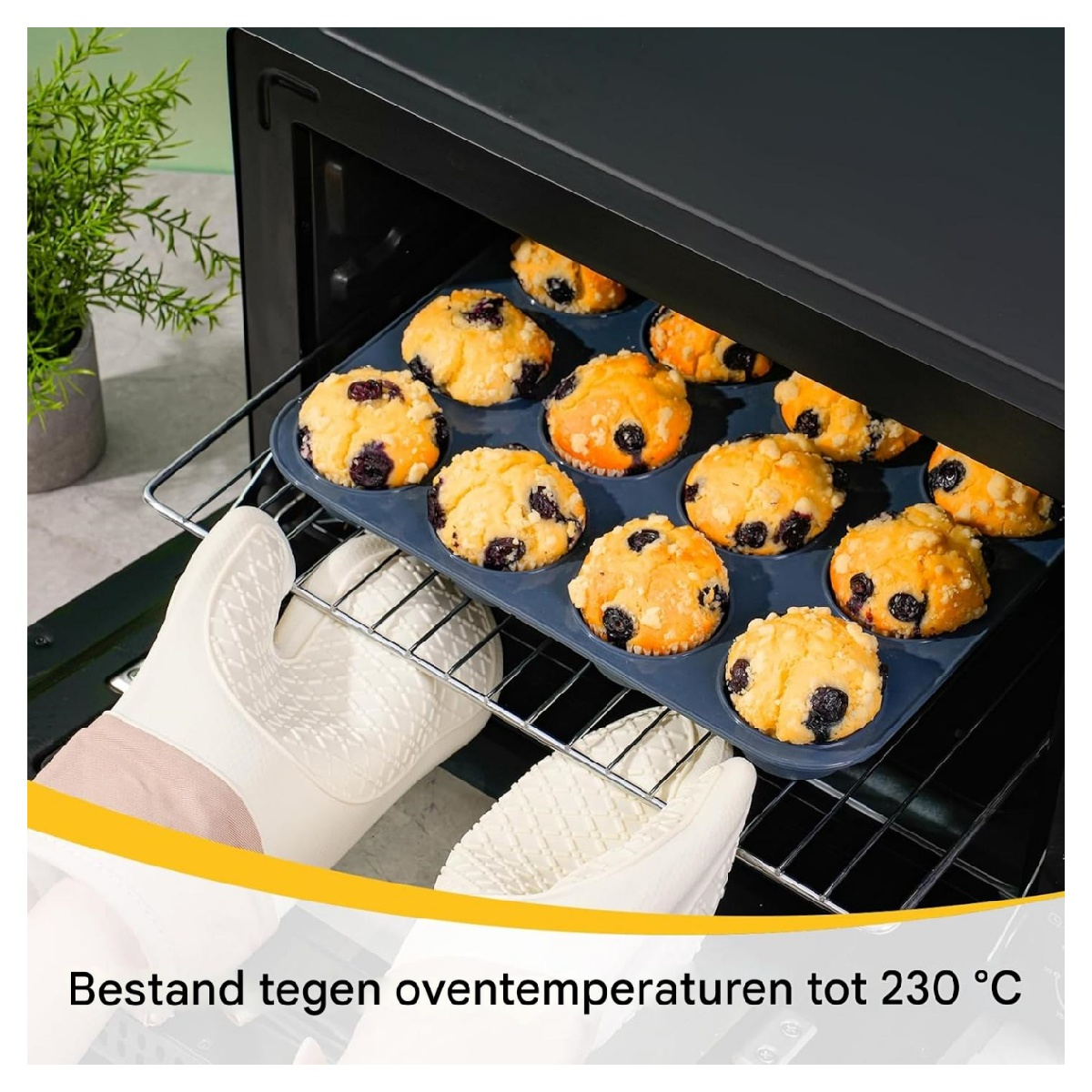 Muffins im Ofen. Ofenhandschuhe halten ein Blech mit gebackenen Muffins. Text: Beständig gegen Ofentemperaturen bis 230 °C.