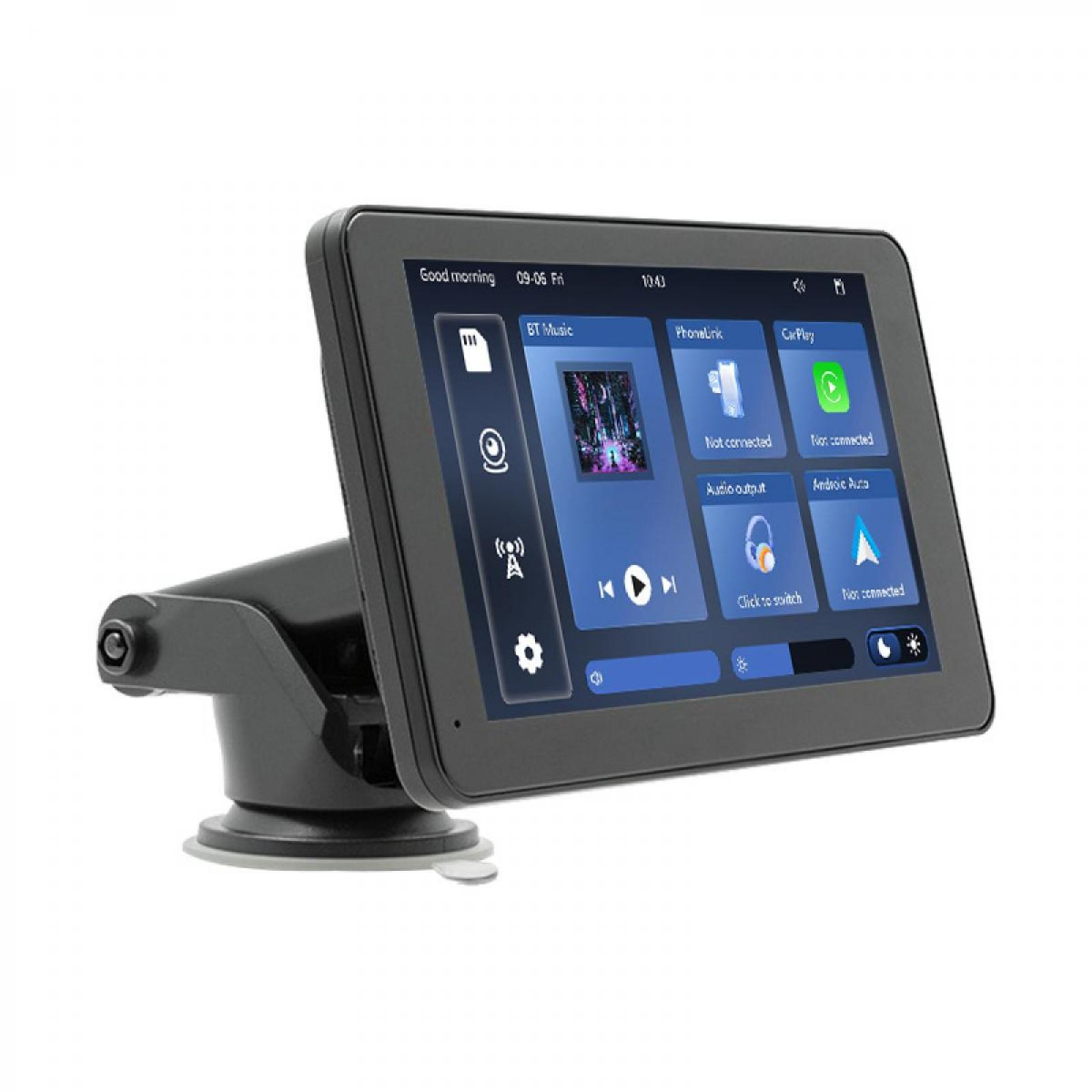 Ein Auto-Multimedia-System zeigt Optionen für BT Music, PhoneLink und CarPlay an. Es wird mit einem Saugnapf befestigt.