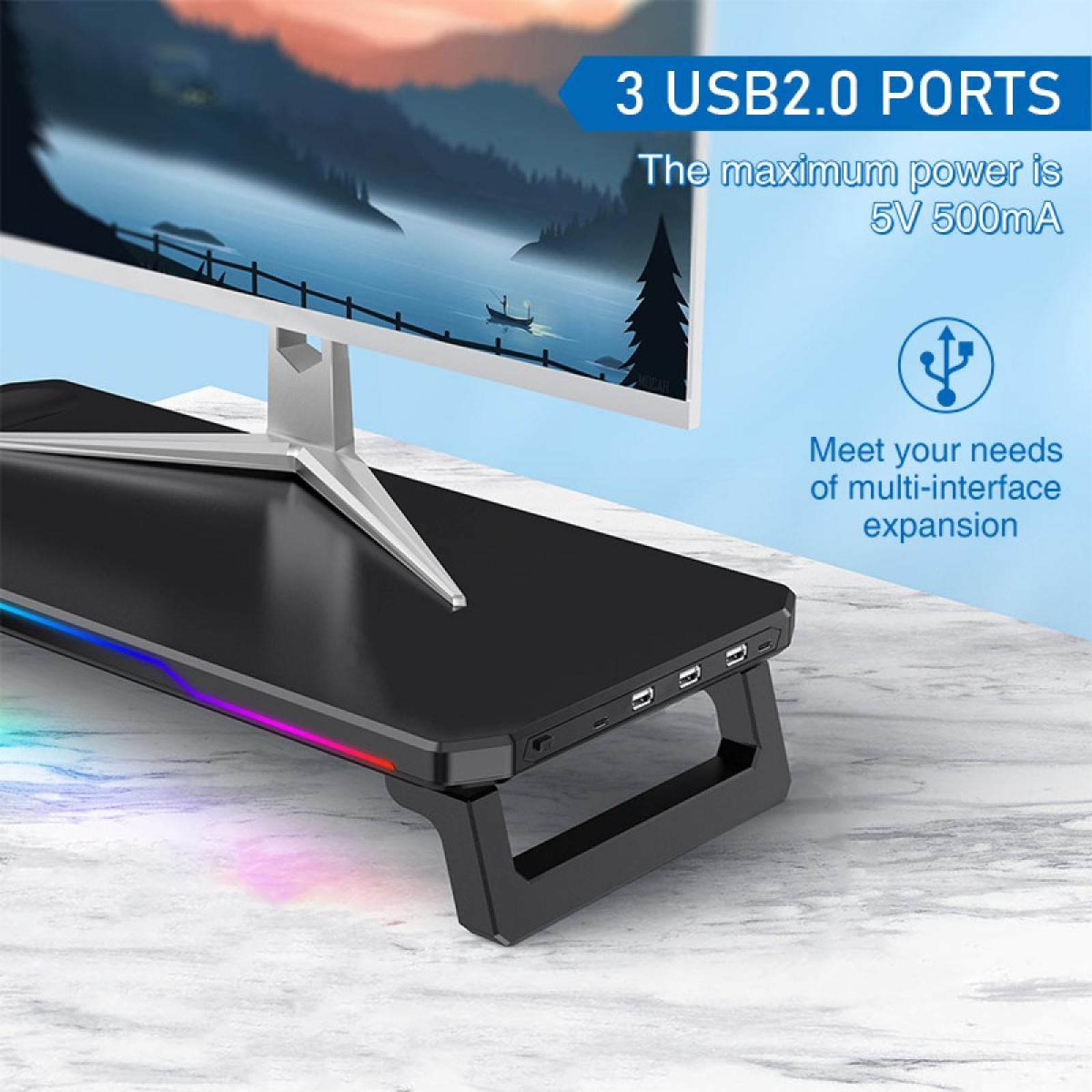 Schwarzer Monitorständer mit 3 USB-Anschlüssen, LED-Beleuchtung und einem Monitor, der eine Landschaft anzeigt. Text: 3 USB2.0-Anschlüsse.
