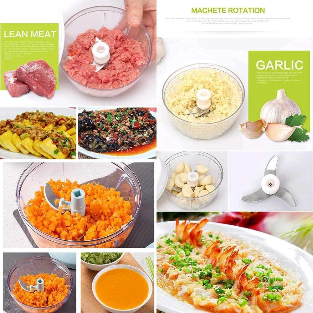 Eine Collage zur Essenszubereitung mit Zutaten wie Fleisch, Knoblauch, Karotten und Gerichten wie Pfannengerührtem und Garnelen mit einem Zerkleinerer.