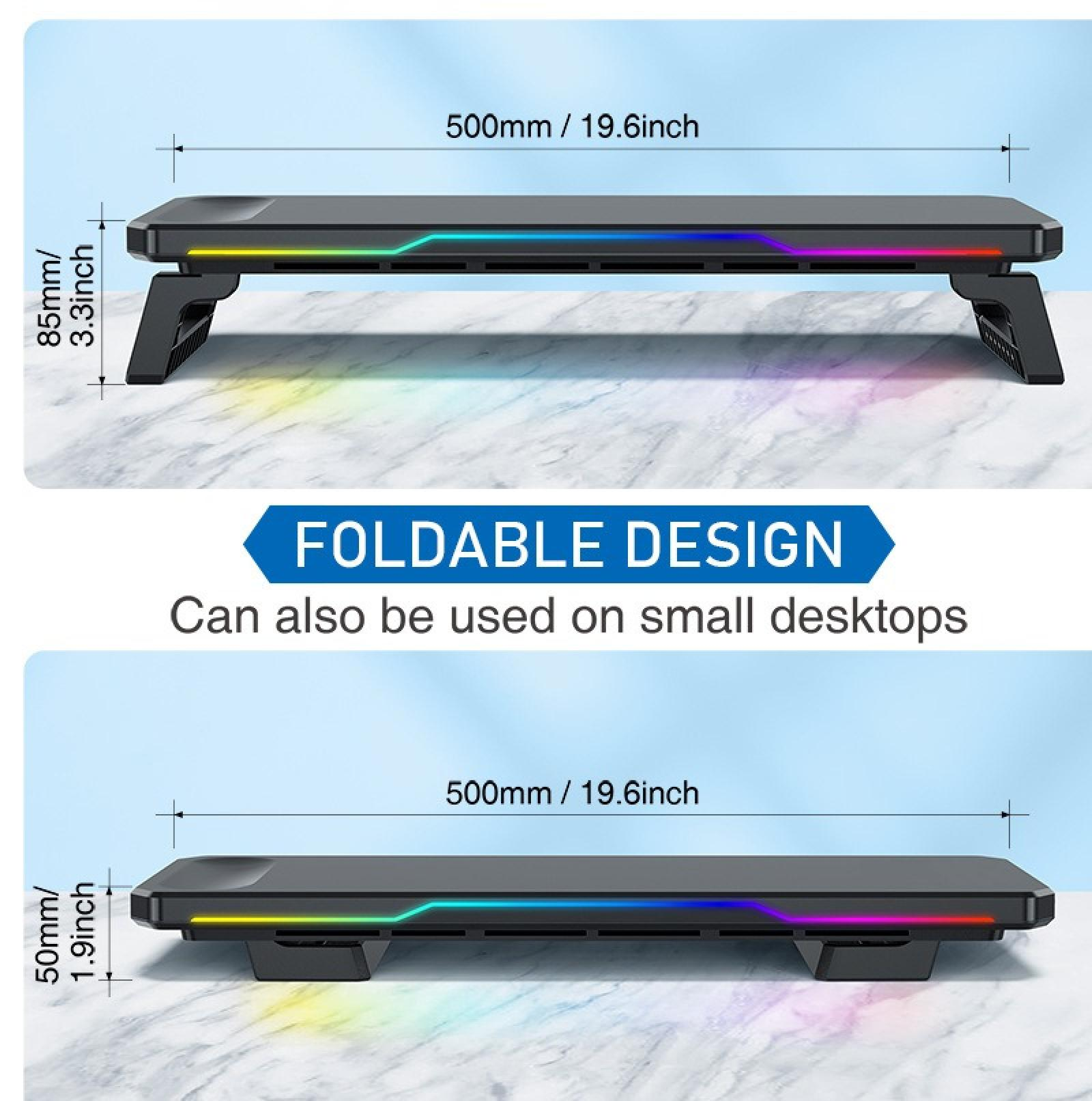 Schwarzer Laptop-Ständer mit LED-Leuchten. Der Ständer ist faltbar und für kleine Schreibtische geeignet. Abmessungen sind sichtbar.
