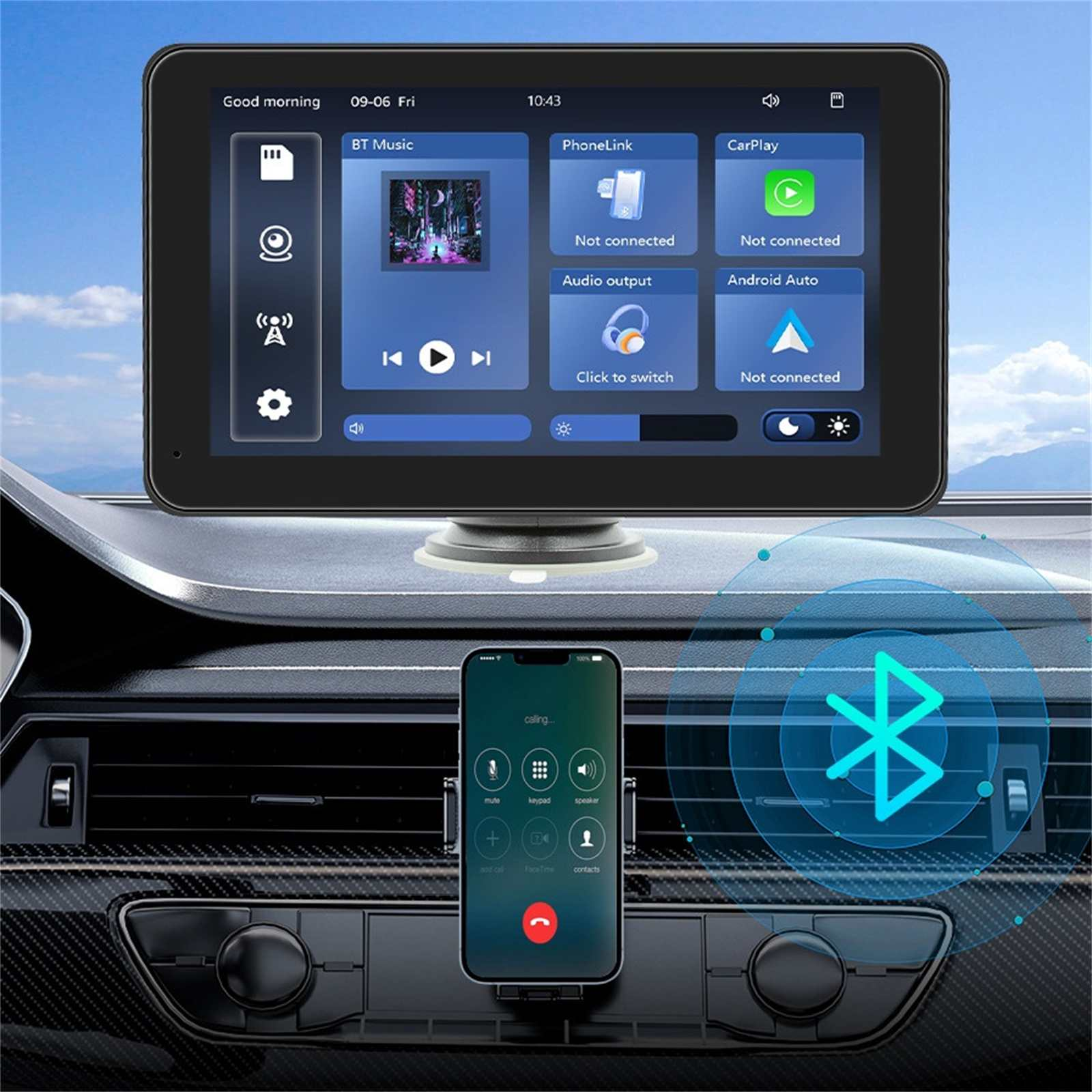 Armaturenbrett mit Bildschirm, Musiksteuerung und Telefon, das eine Anrufschnittstelle anzeigt. Bluetooth-Symbol.
