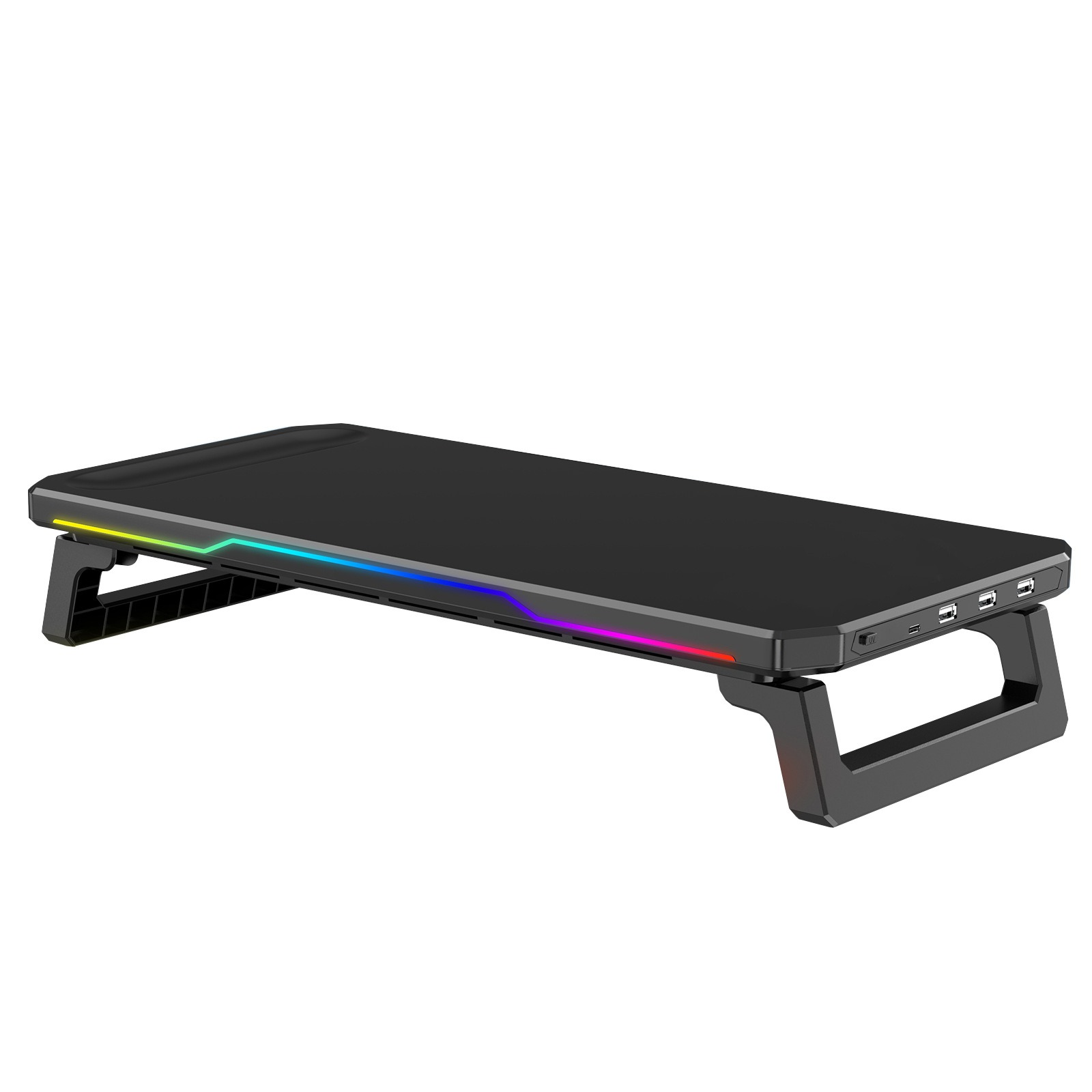Schwarzer Monitorständer mit bunten LED-Leuchten. Er hat USB-Anschlüsse und wird von zwei Beinen getragen.
