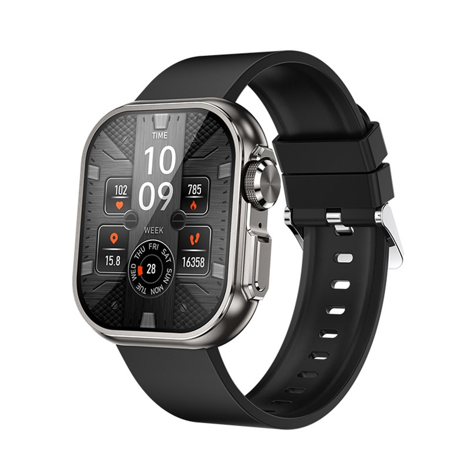 Eine Smartwatch mit schwarzem Armband. Der Bildschirm zeigt Uhrzeit, Herzfrequenz, Schritte und Datum. Das Gehäuse ist silberfarben.