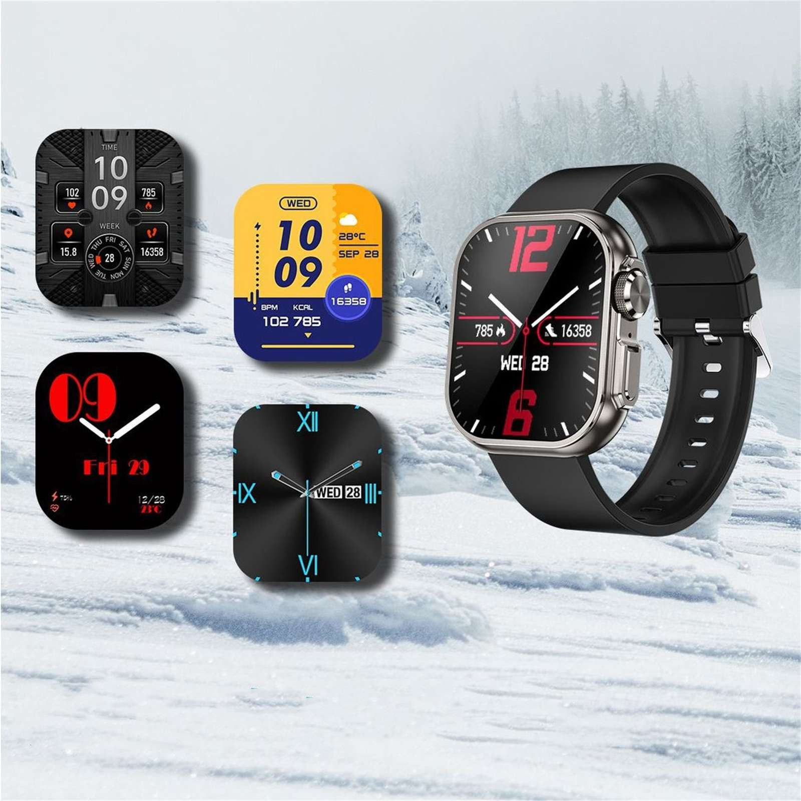 Smartwatch mit verschiedenen Zifferblättern und schwarzem Armband vor schneebedecktem Hintergrund. Zeigt Zeit, Datum und Gesundheitsdaten an.