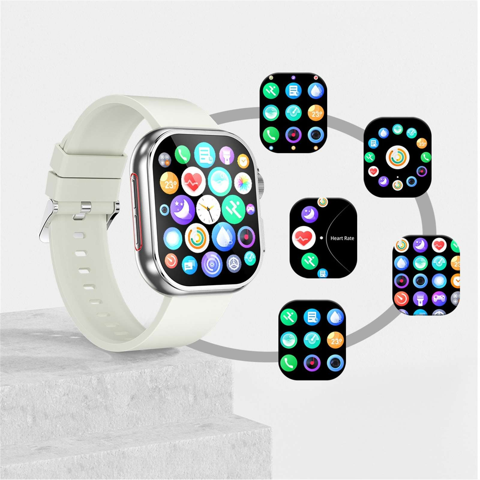 Eine weiße Smartwatch mit mehreren Bildschirmen, die verschiedene App-Symbole zeigen. Die Uhr befindet sich auf einer weißen Oberfläche.