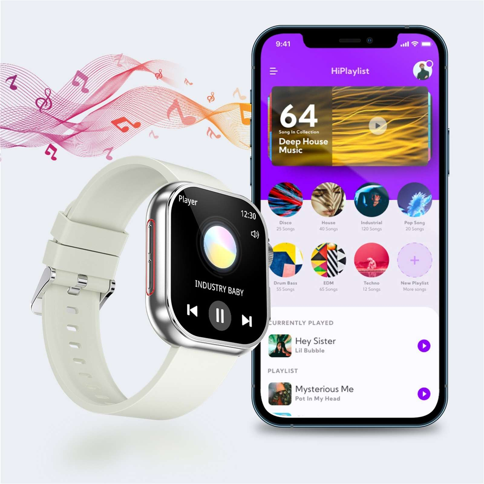Eine Smartwatch zeigt Musiksteuerungen. Ein Telefon zeigt eine Musik-App. Rosa Noten schweben im Hintergrund.