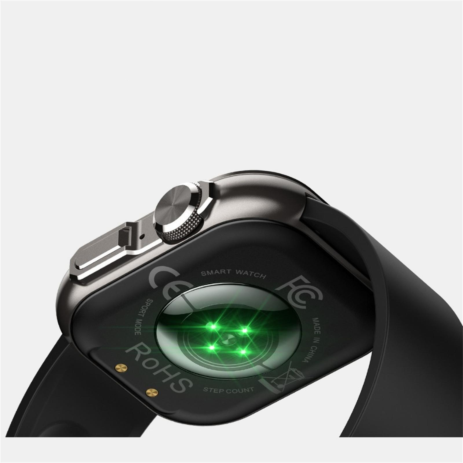Schwarze Smartwatch-Unterseite mit grünem Lichtsensor. Merkmale: Knöpfe und Text: Smart Watch, CE, RoHS und Made in China.
