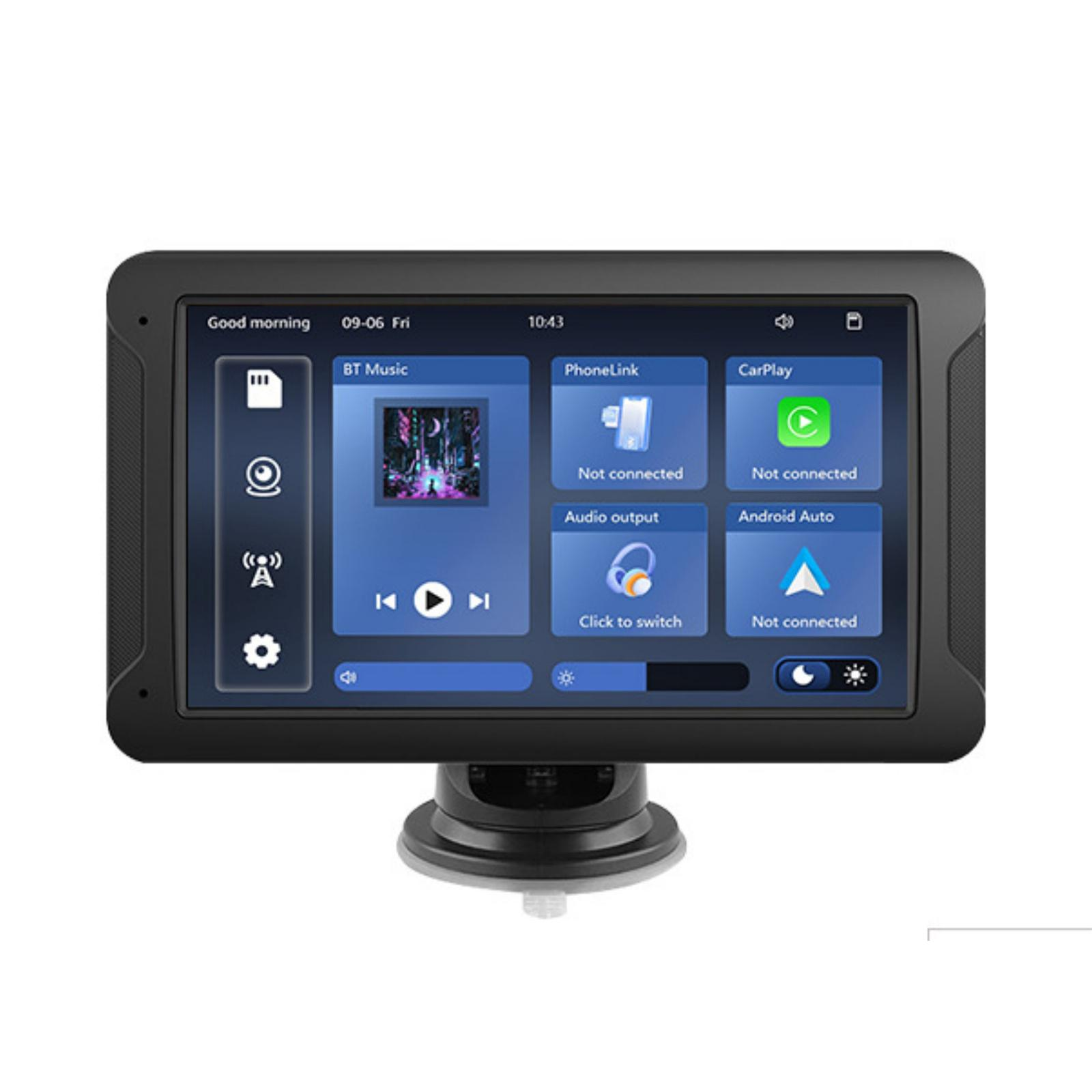 Ein Display eines Auto-Multimediasystems mit Optionen wie BT Music, CarPlay und PhoneLink. Die Uhrzeit ist 10:43.