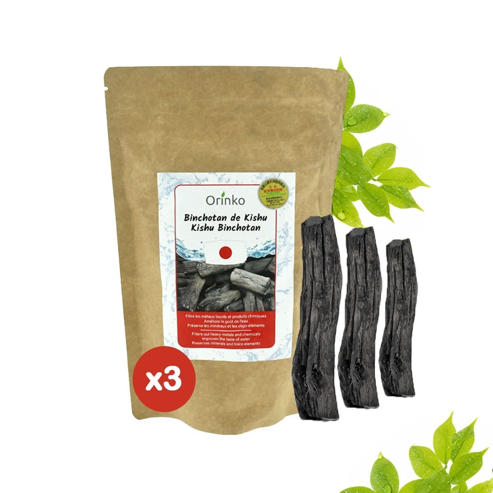 Una confezione di bastoncini di carbone 'Orinko' Binchotan, con tre bastoncini di carbone e foglie verdi. Etichetta rossa 'x3'.