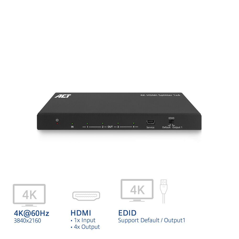 Splitter HDMI nero con logo ACT. Caratteristiche: supporto 4K, 1 ingresso e 4 uscite. Mostra porte EDID e di servizio.