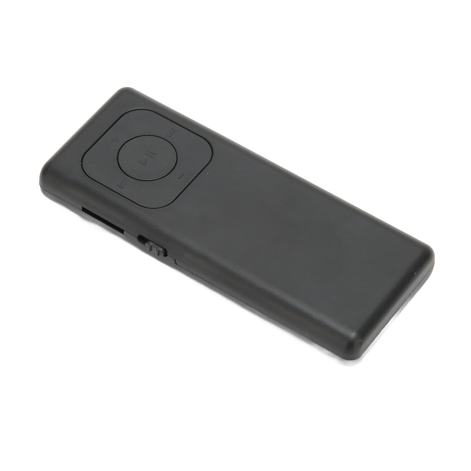 Ein schwarzer, rechteckiger MP3-Player liegt auf einer weißen Oberfläche. Er hat Knöpfe und einen Schiebeschalter.
