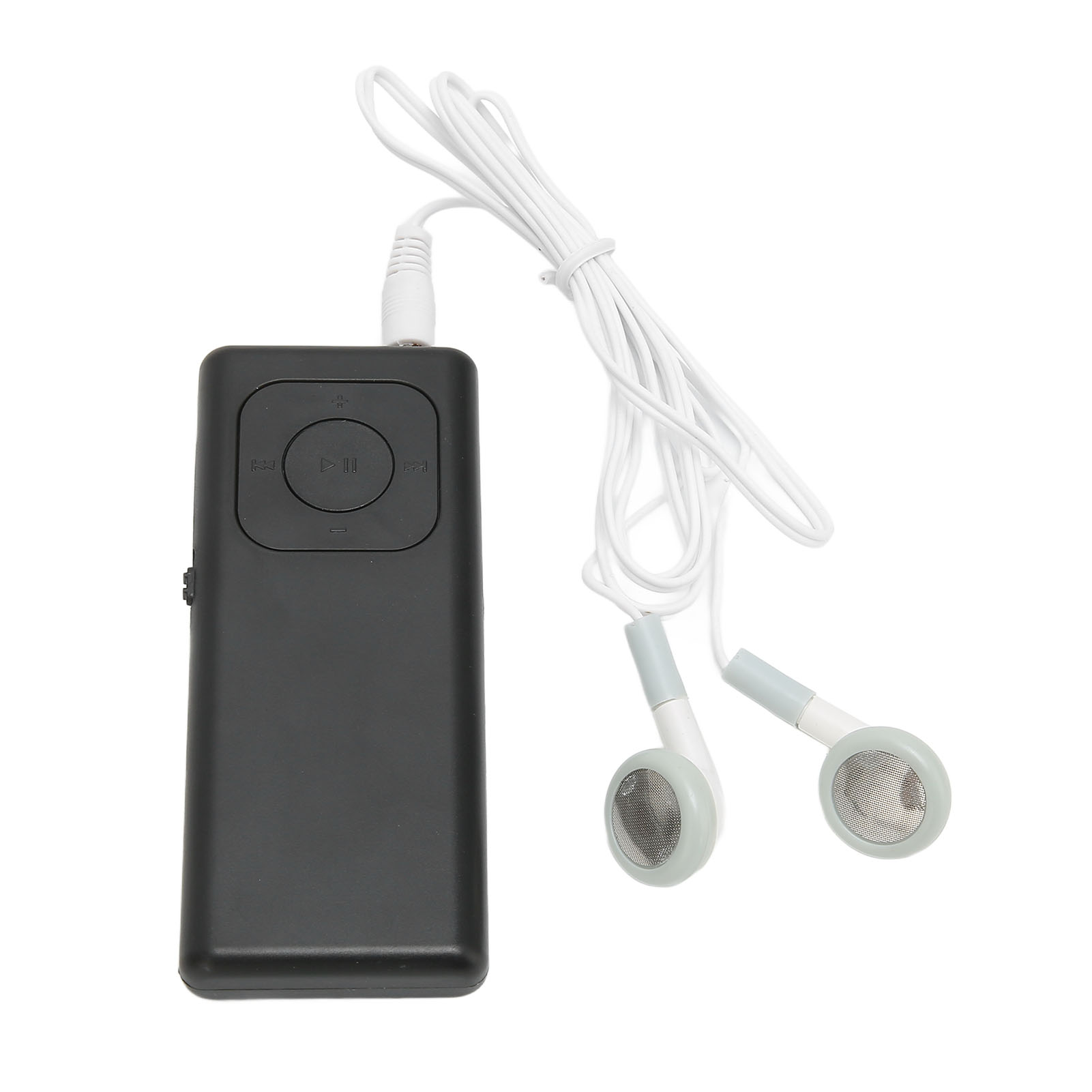 Schwarzer MP3-Player mit weißem Kabel und Ohrhörern. Die Ohrhörer sind weiß und hellblau. Der Hintergrund ist weiß.